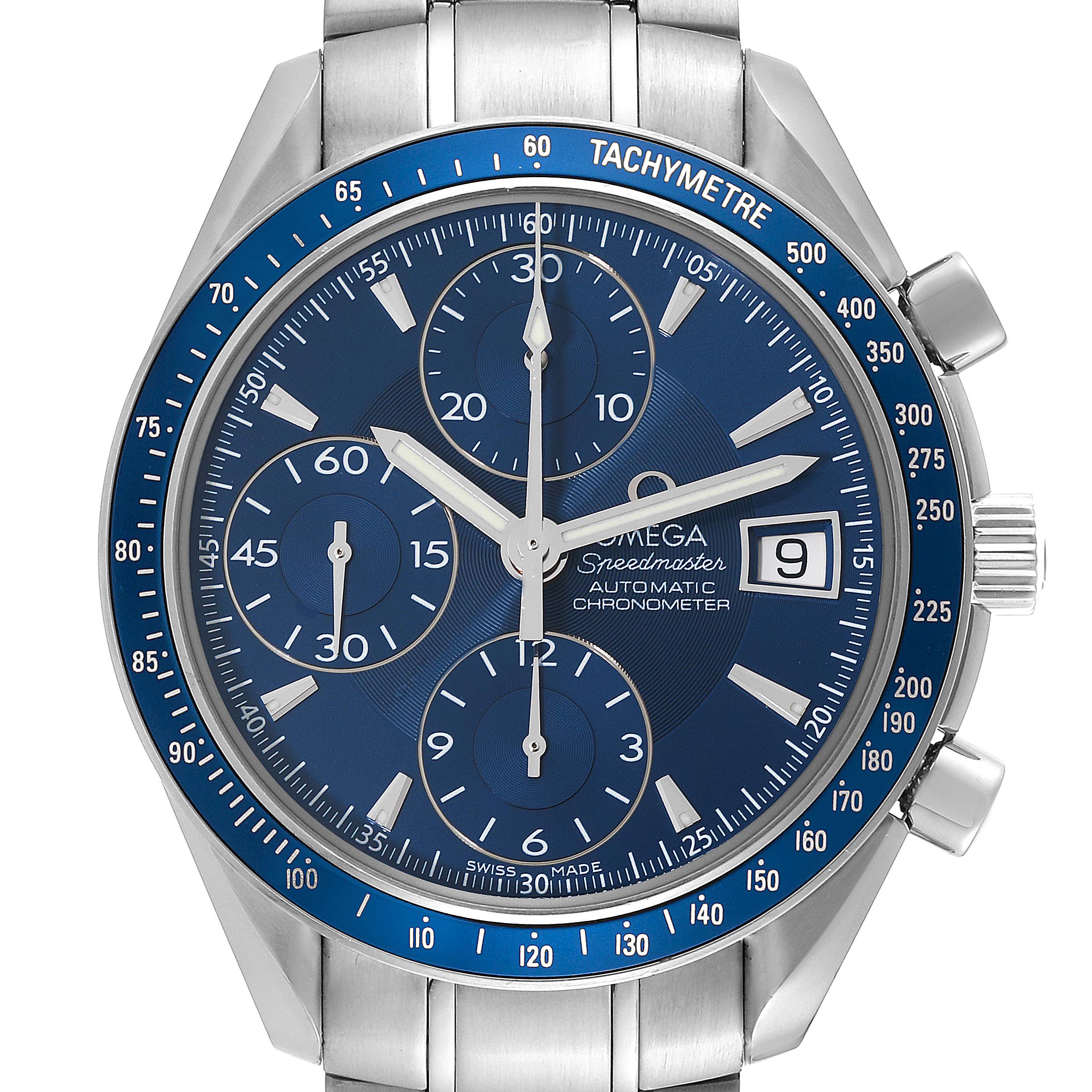 The Omega Speedmaster 3212.80.00 Men
s Stainless Steel Blue Dial 3212.80.00 Men
s Stainless Steel Blue Dial watch is shown from a front angle, displaying its blue dial, tachymeter bezel, and subdials.