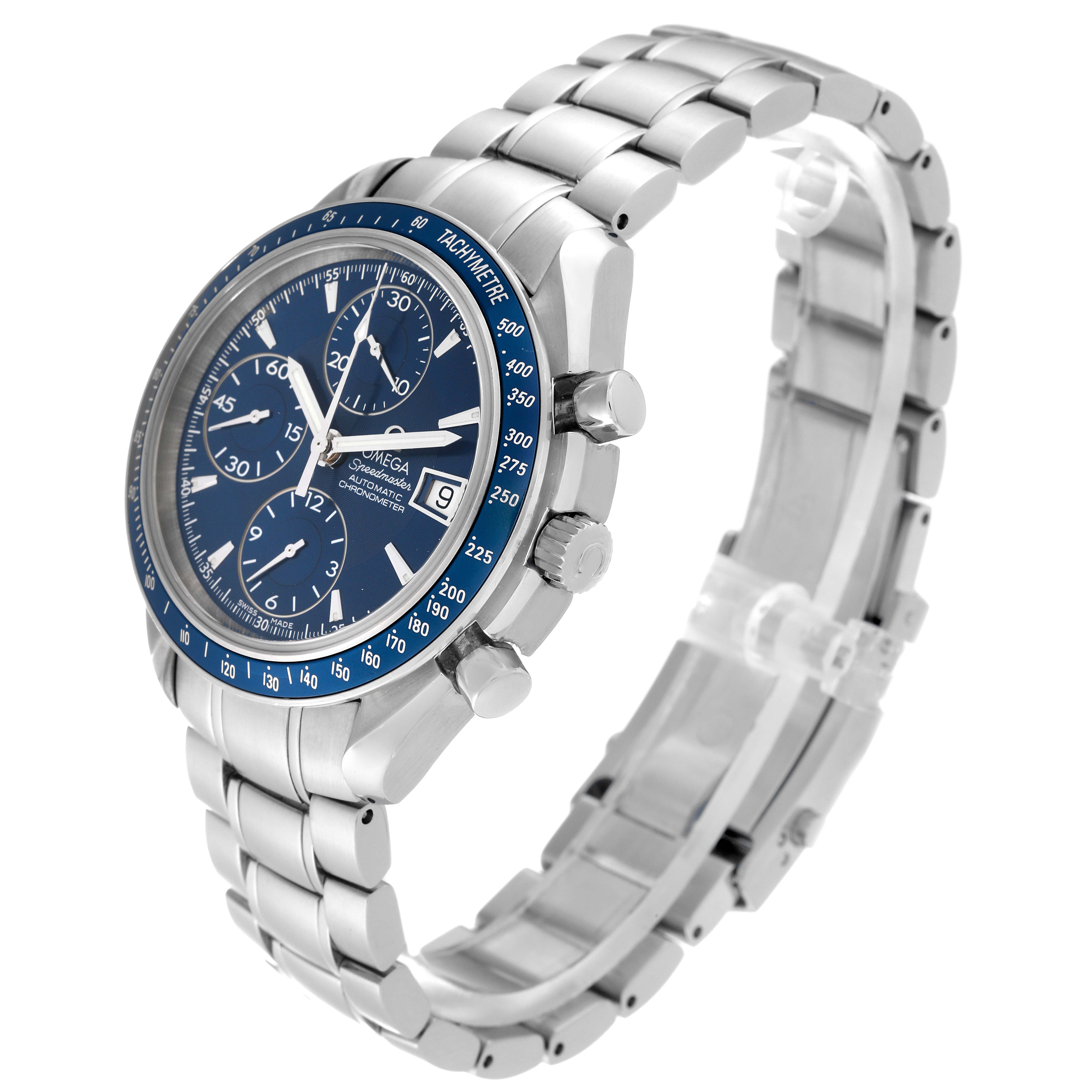 The image shows an Omega Speedmaster 3212.80.00 Men
s Stainless Steel Blue Dial 3212.80.00 Men
s Stainless Steel Blue Dial watch at a three-quarter angle, displaying its face, case, bracelet, and pushers.