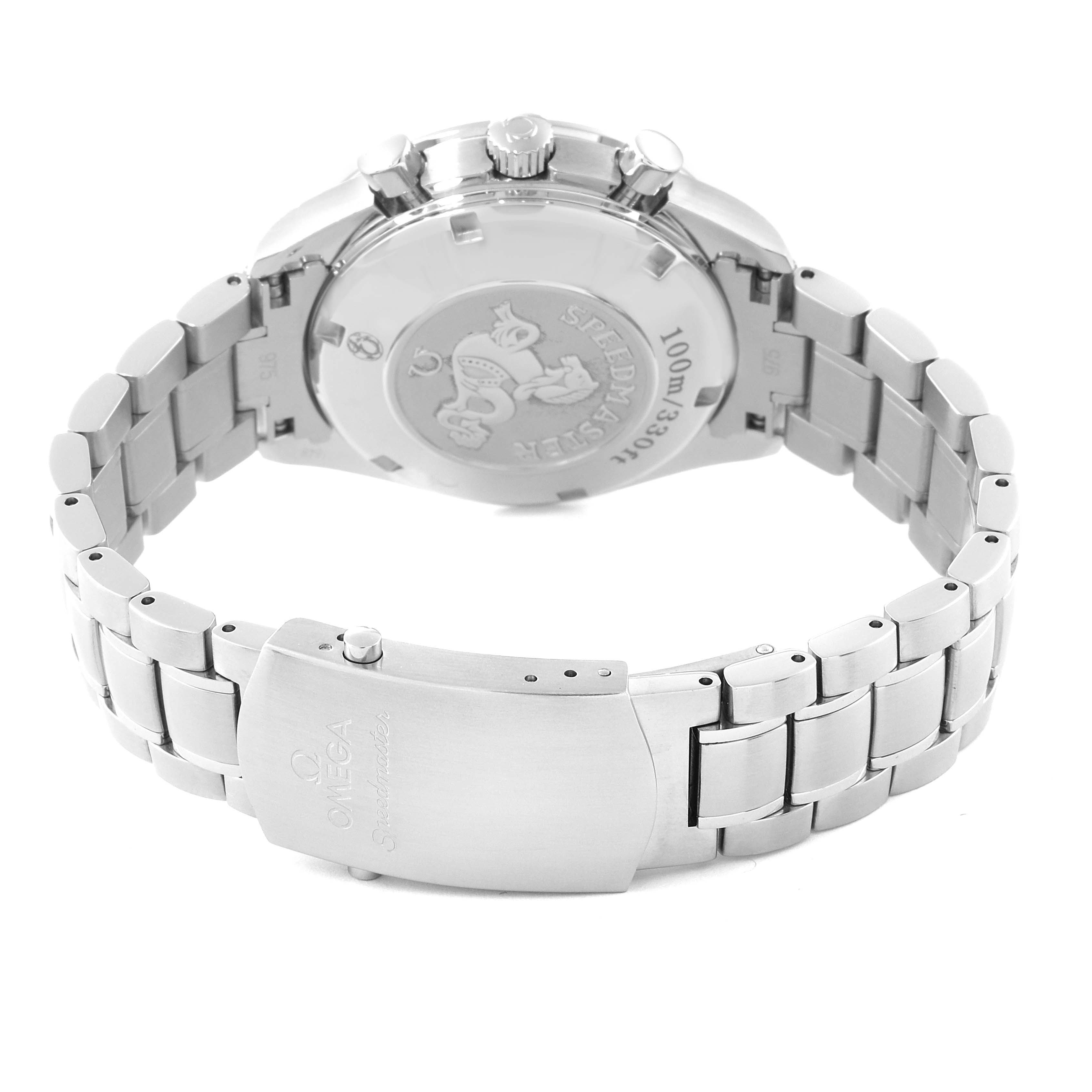 The image shows the back and clasp of an Omega Speedmaster 3212.80.00 Men
s Stainless Steel Blue Dial 3212.80.00 Men
s Stainless Steel Blue Dial watch at a rear-angle view.