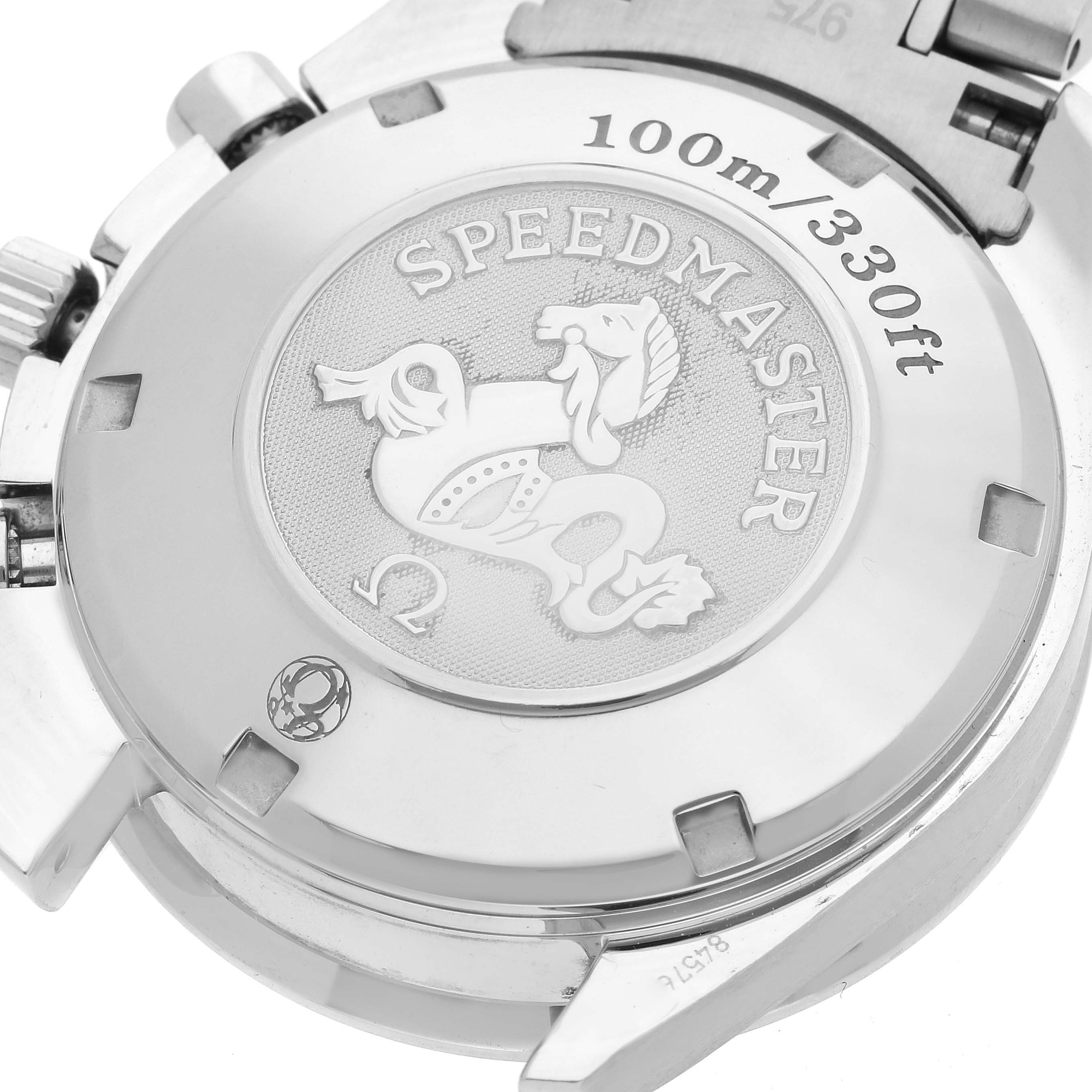 The image shows the back case of an Omega Speedmaster 3212.80.00 Men
s Stainless Steel Blue Dial 3212.80.00 Men
s Stainless Steel Blue Dial watch, displaying the logo and water resistance details.