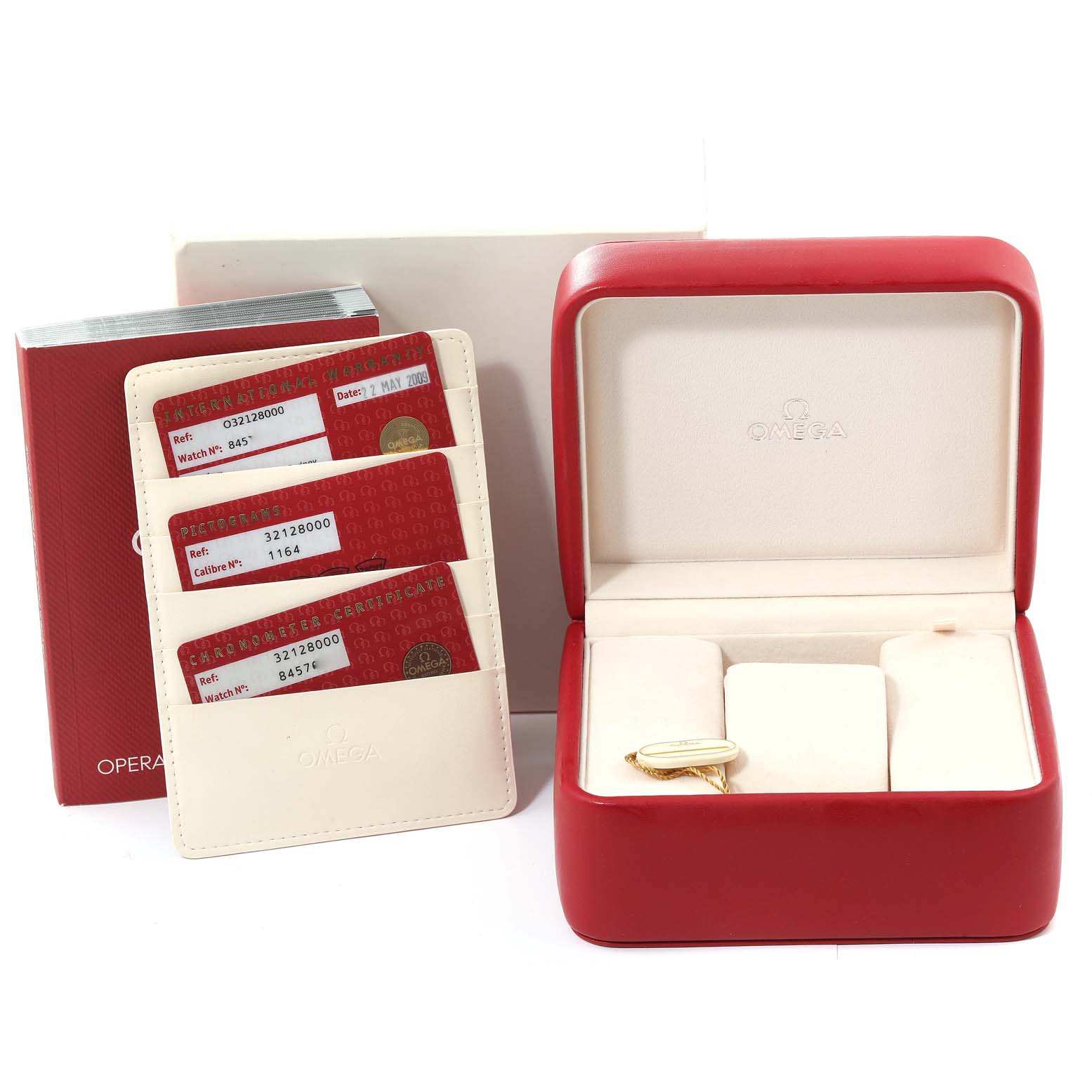 This image shows the red Omega Speedmaster 3212.80.00 Men
s Stainless Steel Blue Dial 3212.80.00 Men
s Stainless Steel Blue Dial watch box, certificates, and documents for the watch.