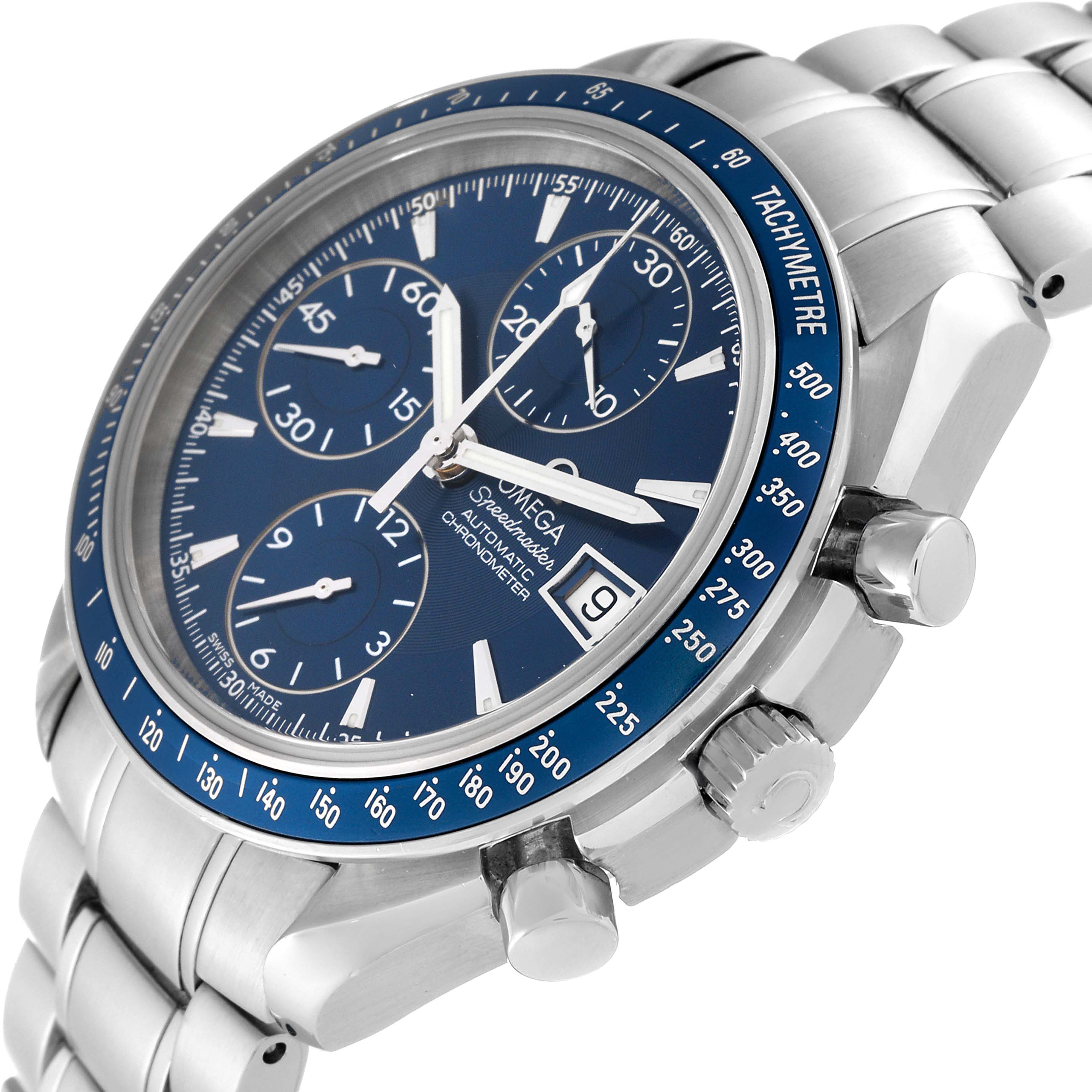 The Omega Speedmaster 3212.80.00 Men
s Stainless Steel Blue Dial 3212.80.00 Men
s Stainless Steel Blue Dial watch is shown at an angle highlighting its bezel, crown, pushers, and bracelet.