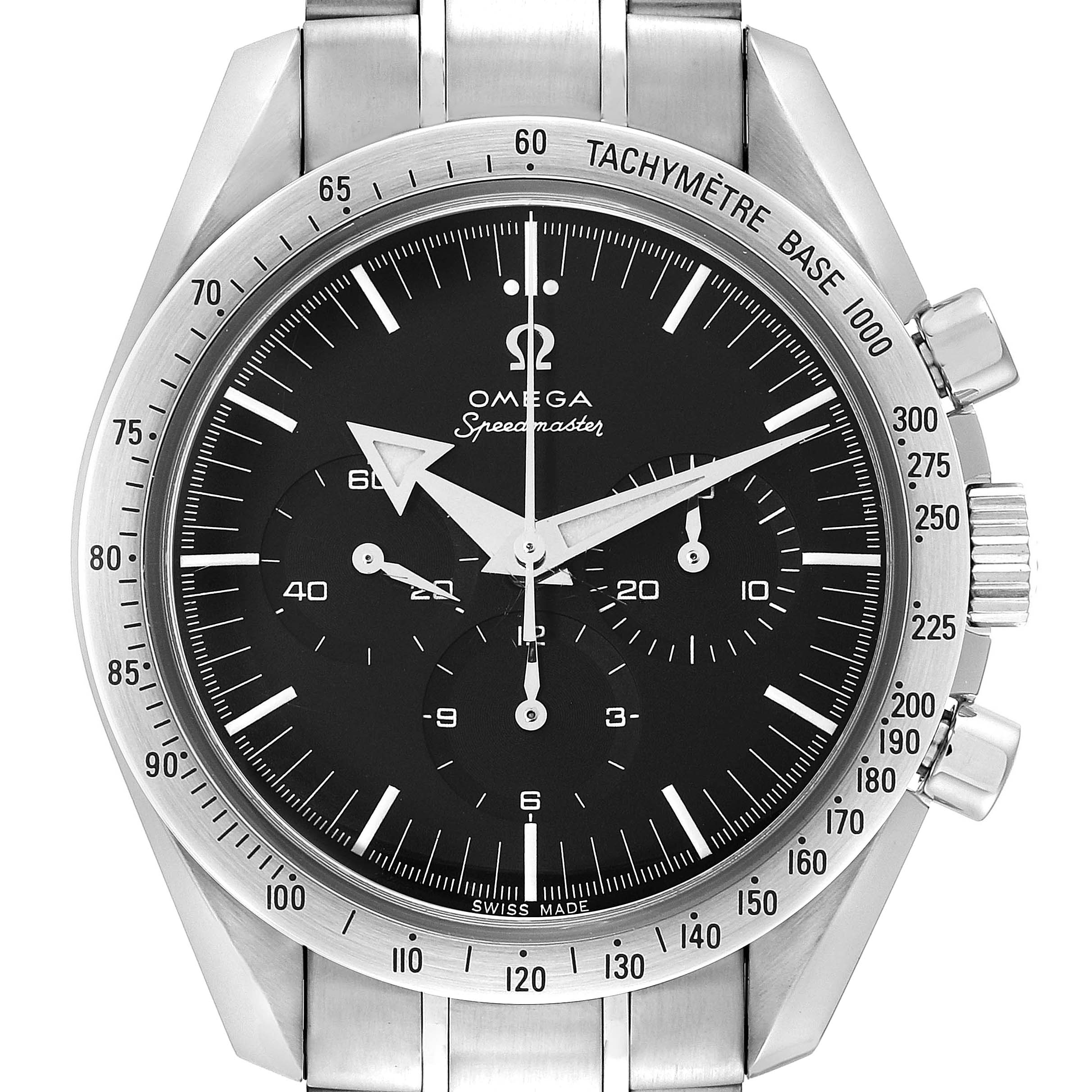 This image shows a front view of the Omega Speedmaster 3594.50.00 Men
s Stainless Steel Black Dial 3594.50.00 Men
s Stainless Steel Black Dial watch, displaying the dial, bezel, and part of the bracelet.