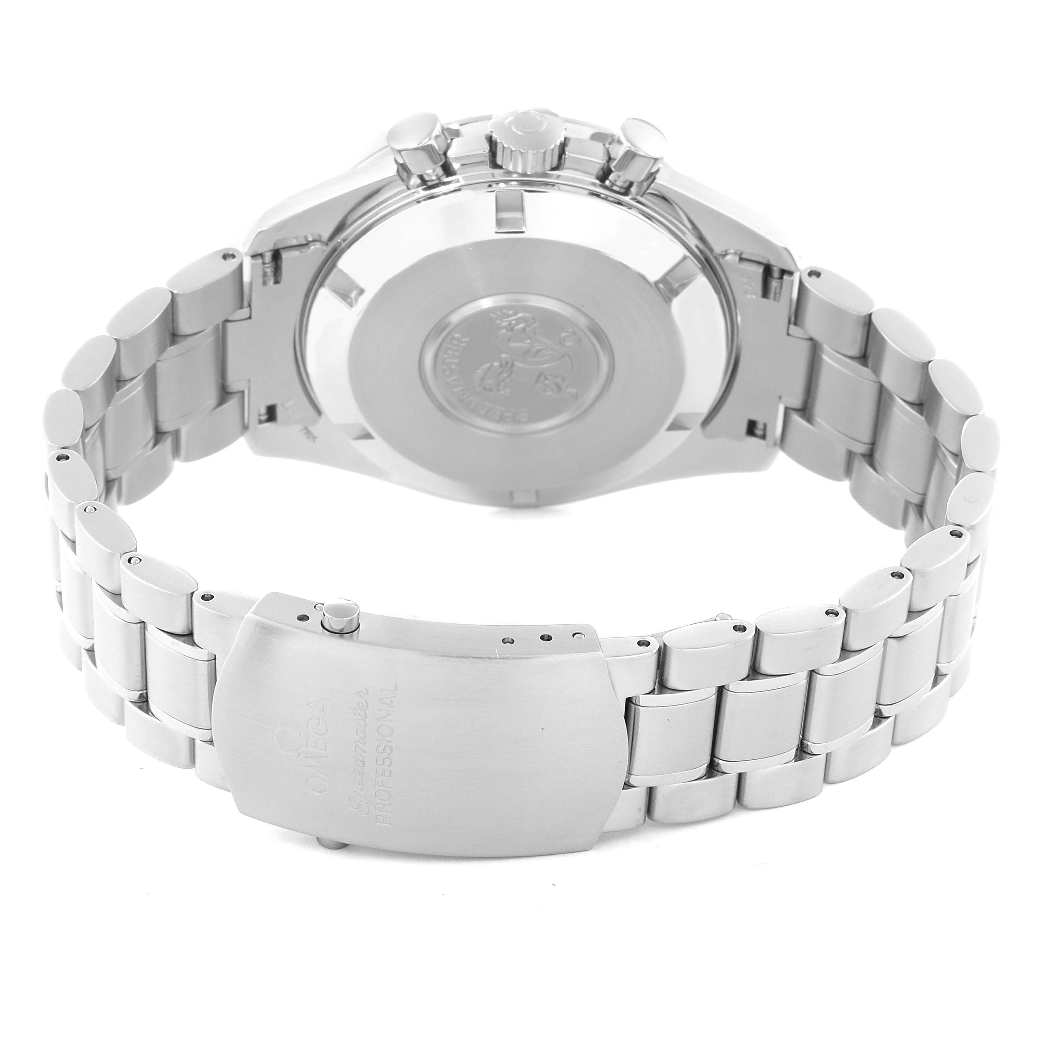 The image shows the back case and metal bracelet of an Omega Speedmaster 3594.50.00 Men
s Stainless Steel Black Dial 3594.50.00 Men
s Stainless Steel Black Dial watch, including the clasp with engravings.