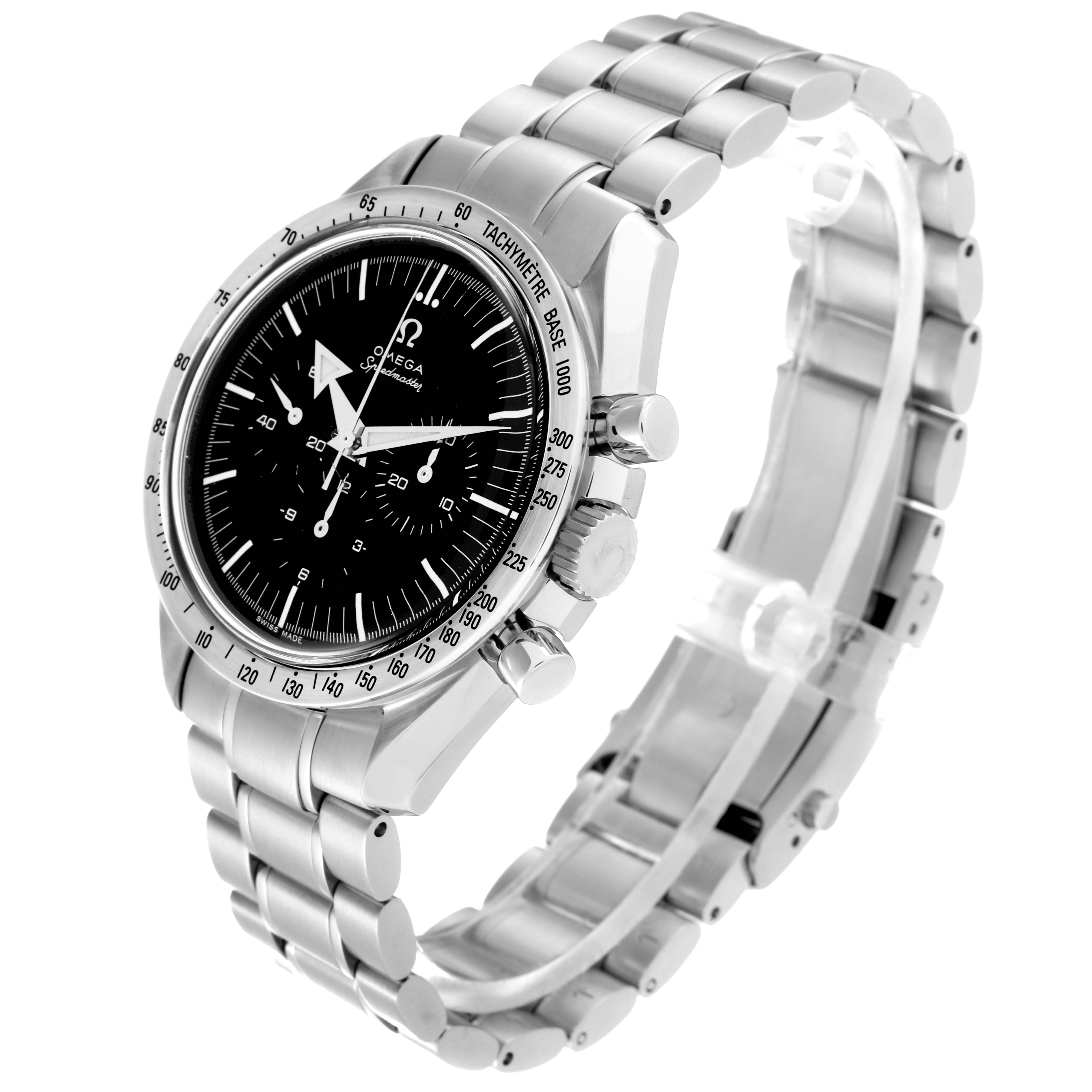 The image shows a side angle of the Omega Speedmaster 3594.50.00 Men
s Stainless Steel Black Dial 3594.50.00 Men
s Stainless Steel Black Dial watch, highlighting its bracelet, crown, bezel, and black dial.