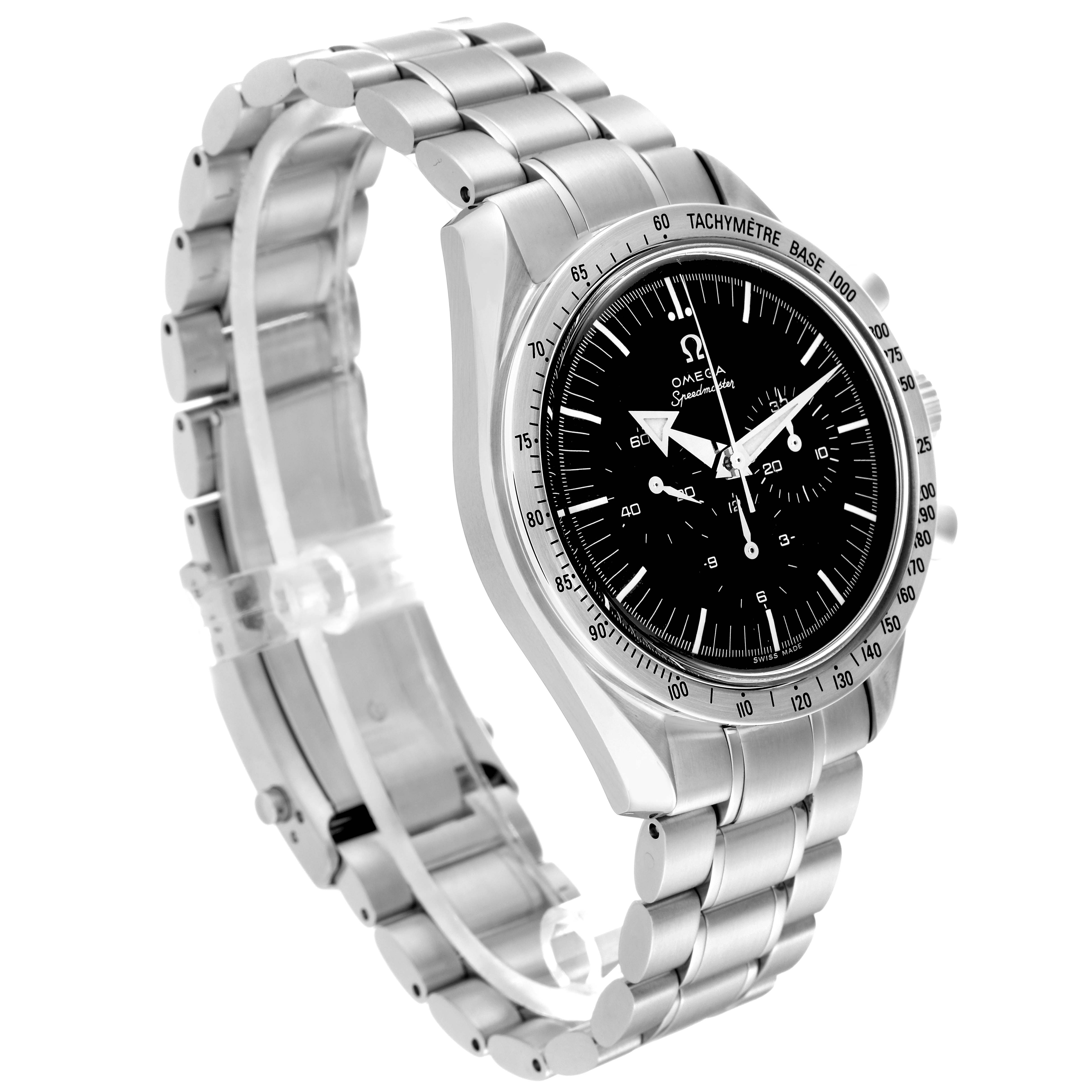The Omega Speedmaster 3594.50.00 Men
s Stainless Steel Black Dial 3594.50.00 Men
s Stainless Steel Black Dial watch is shown at an angle highlighting the face, bezel, and part of the stainless steel bracelet.