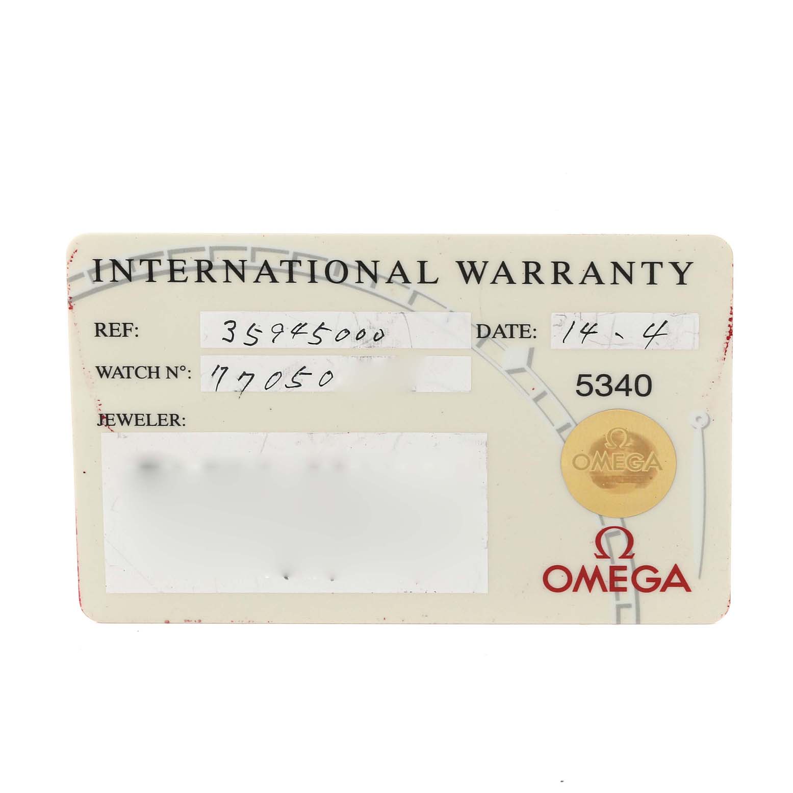 A flat view of the international warranty card for the Omega Speedmaster 3594.50.00 Men
s Stainless Steel Black Dial 3594.50.00 Men
s Stainless Steel Black Dial watch model.