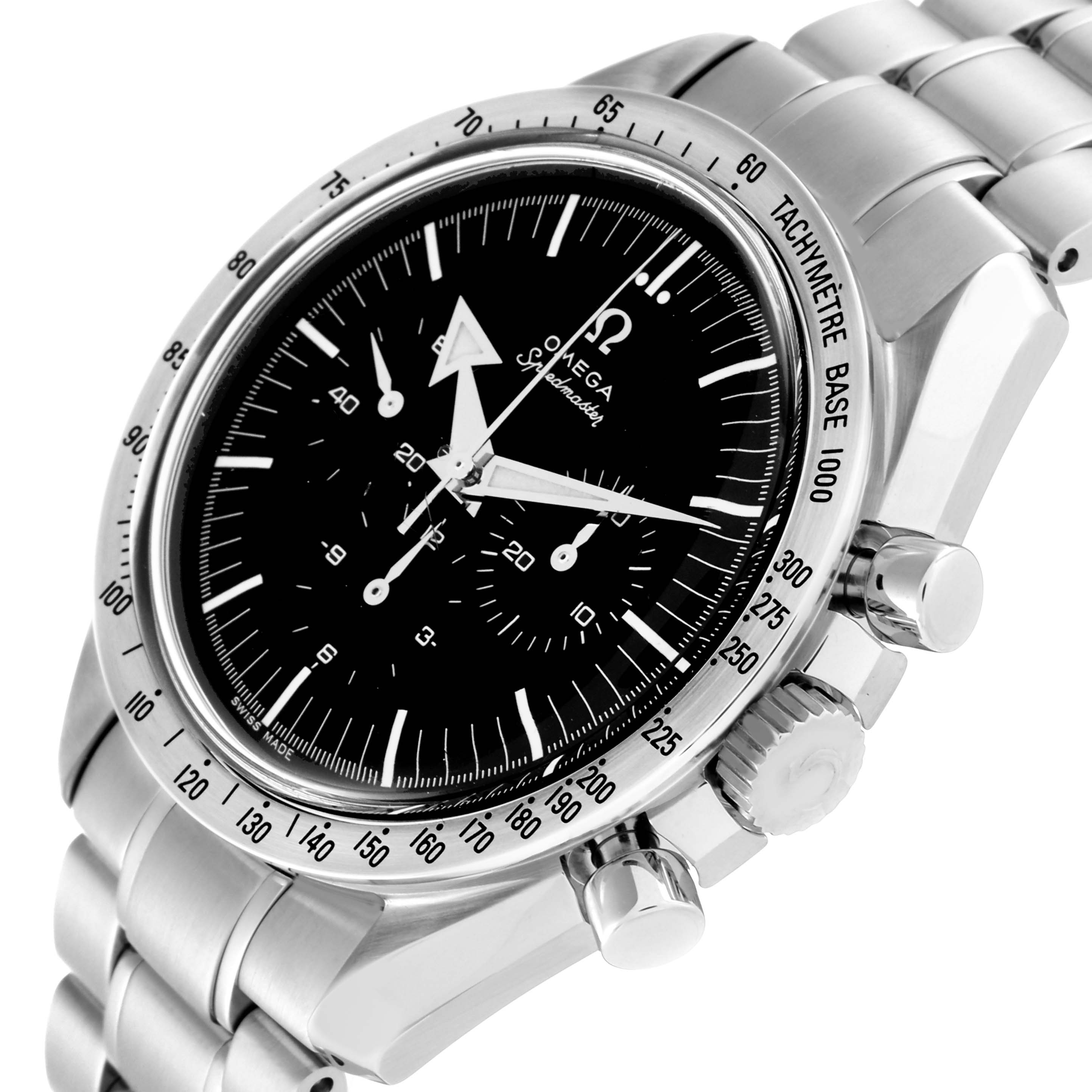 This image shows an Omega Speedmaster 3594.50.00 Men
s Stainless Steel Black Dial 3594.50.00 Men
s Stainless Steel Black Dial watch at an angled side view, highlighting its stainless steel case, bezel, and chronograph pushers.