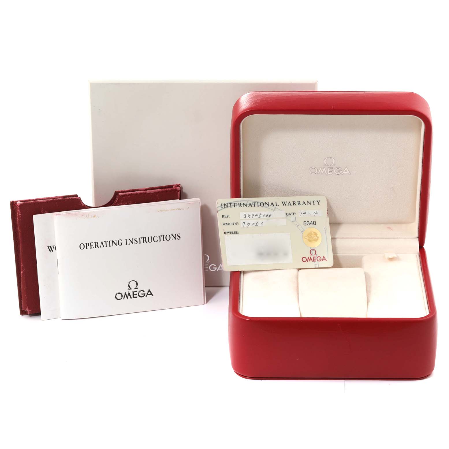 The image shows the packaging, operating instructions, and warranty card for an Omega Speedmaster 3594.50.00 Men
s Stainless Steel Black Dial 3594.50.00 Men
s Stainless Steel Black Dial watch.