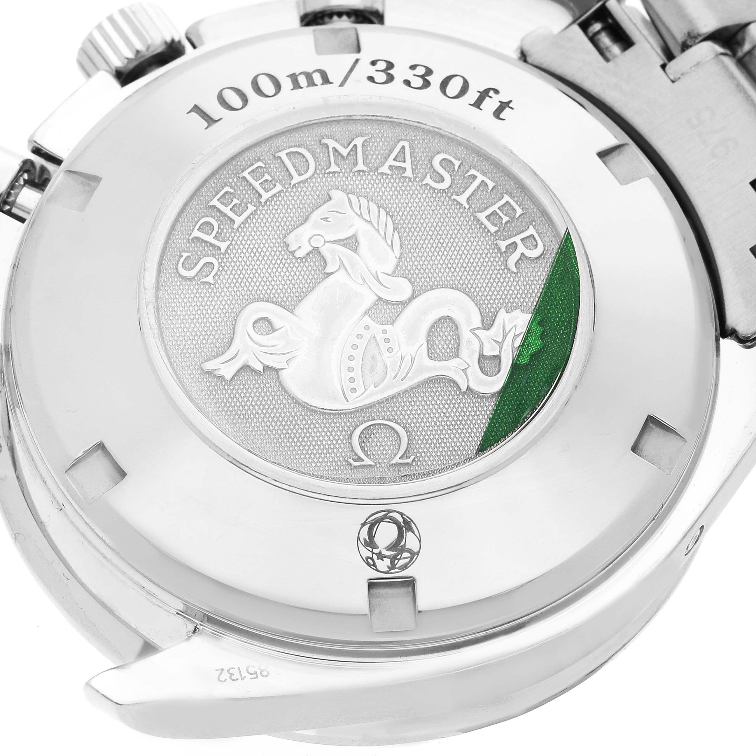 The image shows the back case of an Omega Speedmaster 323.30.40.40.04.001 Men's Stainless Steel White Dial 323.30.40.40.04.001 Men's Stainless Steel White Dial watch, highlighting its water resistance of 100m/330ft and the Speedmaster emblem.