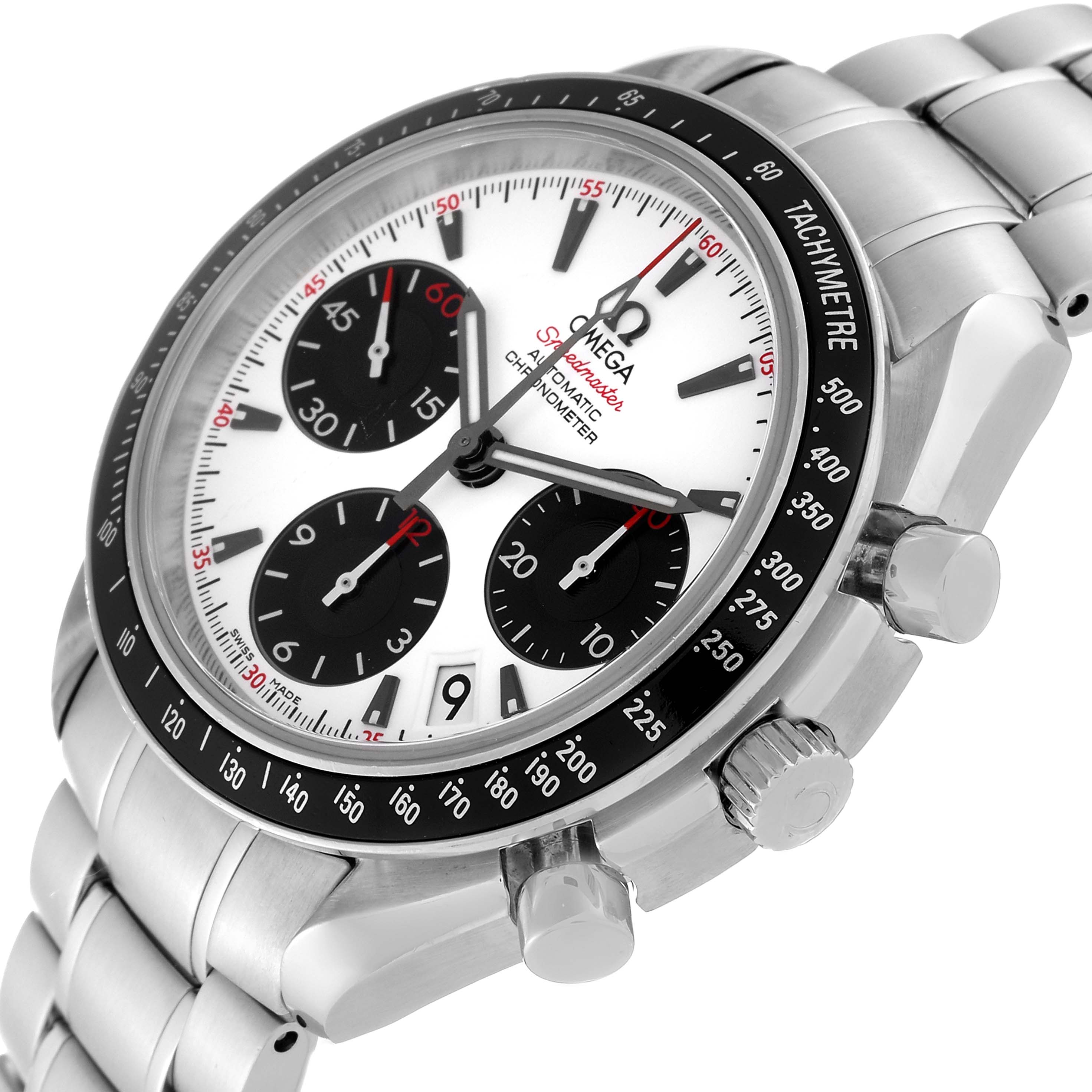 This image shows an Omega Speedmaster 323.30.40.40.04.001 Men's Stainless Steel White Dial 323.30.40.40.04.001 Men's Stainless Steel White Dial watch at a slight side angle, highlighting its dial, tachymeter bezel, pushers, and bracelet.