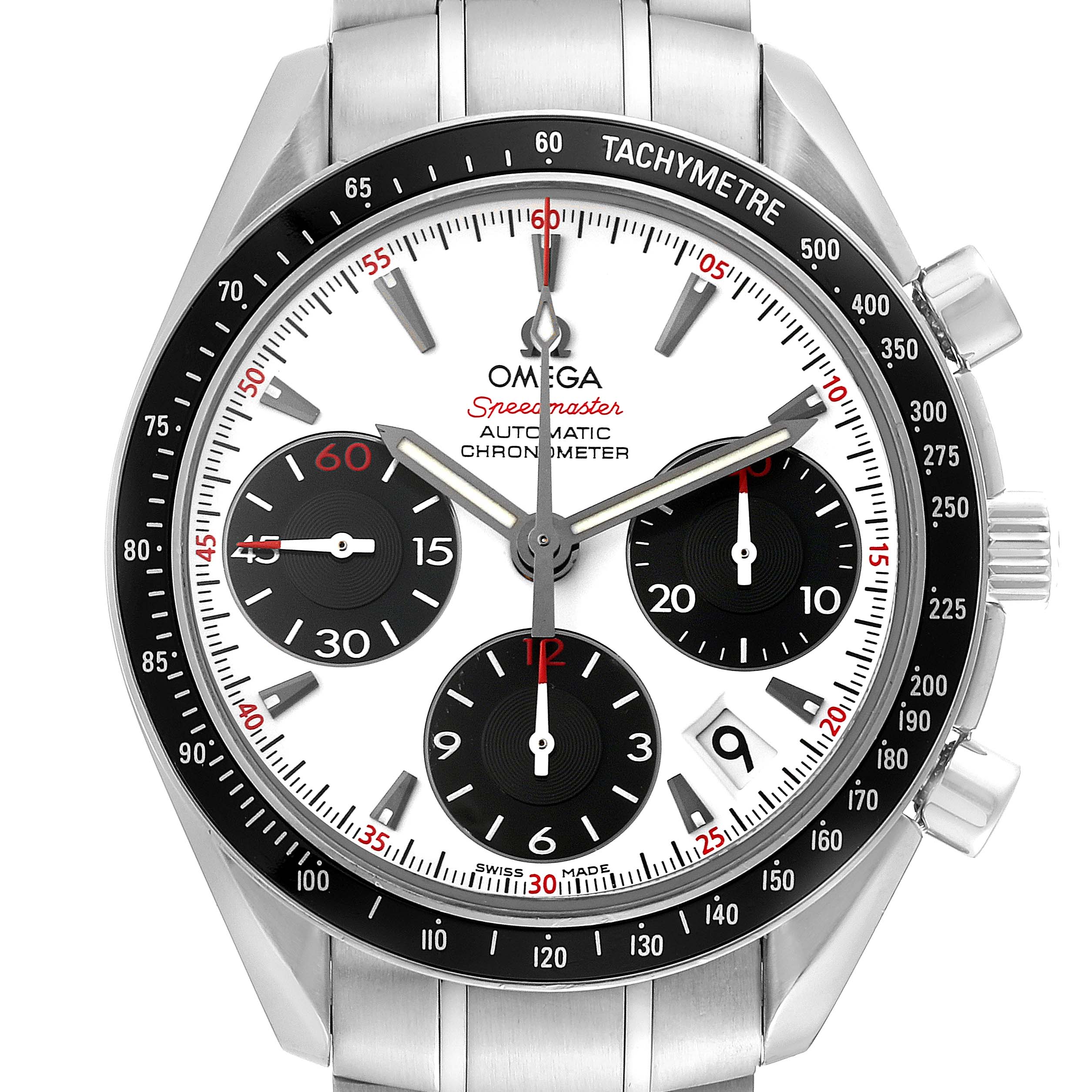 This image shows a front view of the Omega Speedmaster 323.30.40.40.04.001 Men's Stainless Steel White Dial 323.30.40.40.04.001 Men's Stainless Steel White Dial, highlighting its dial, subdials, tachymeter, and pushers.