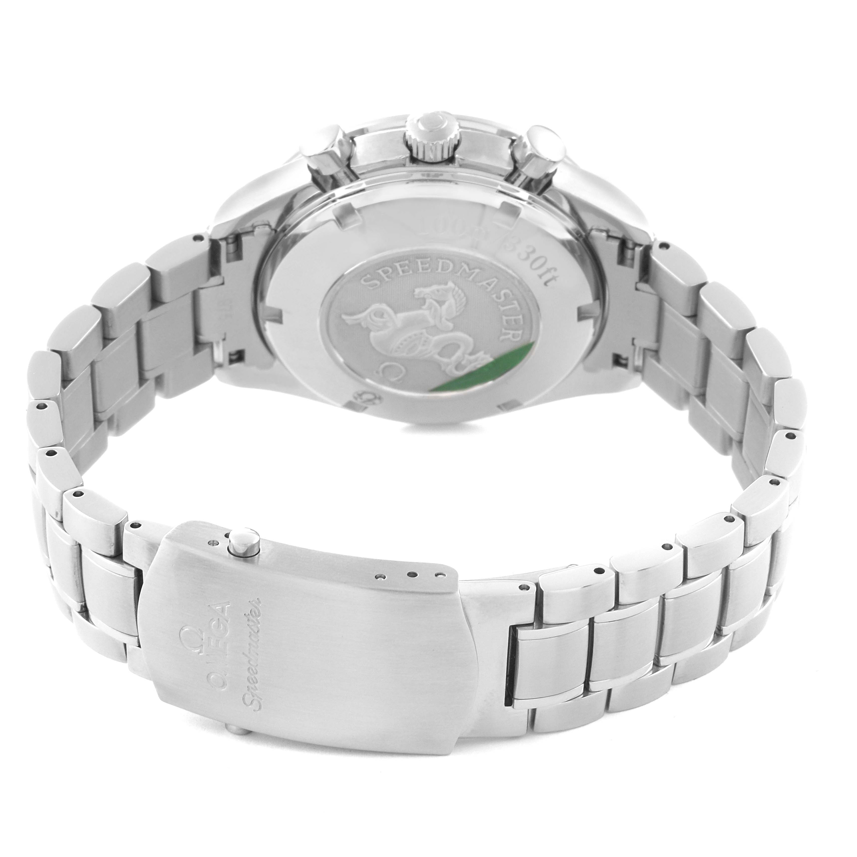 The image shows the back, clasp, and part of the bracelet of the Omega Speedmaster 323.30.40.40.04.001 Men's Stainless Steel White Dial 323.30.40.40.04.001 Men's Stainless Steel White Dial watch.