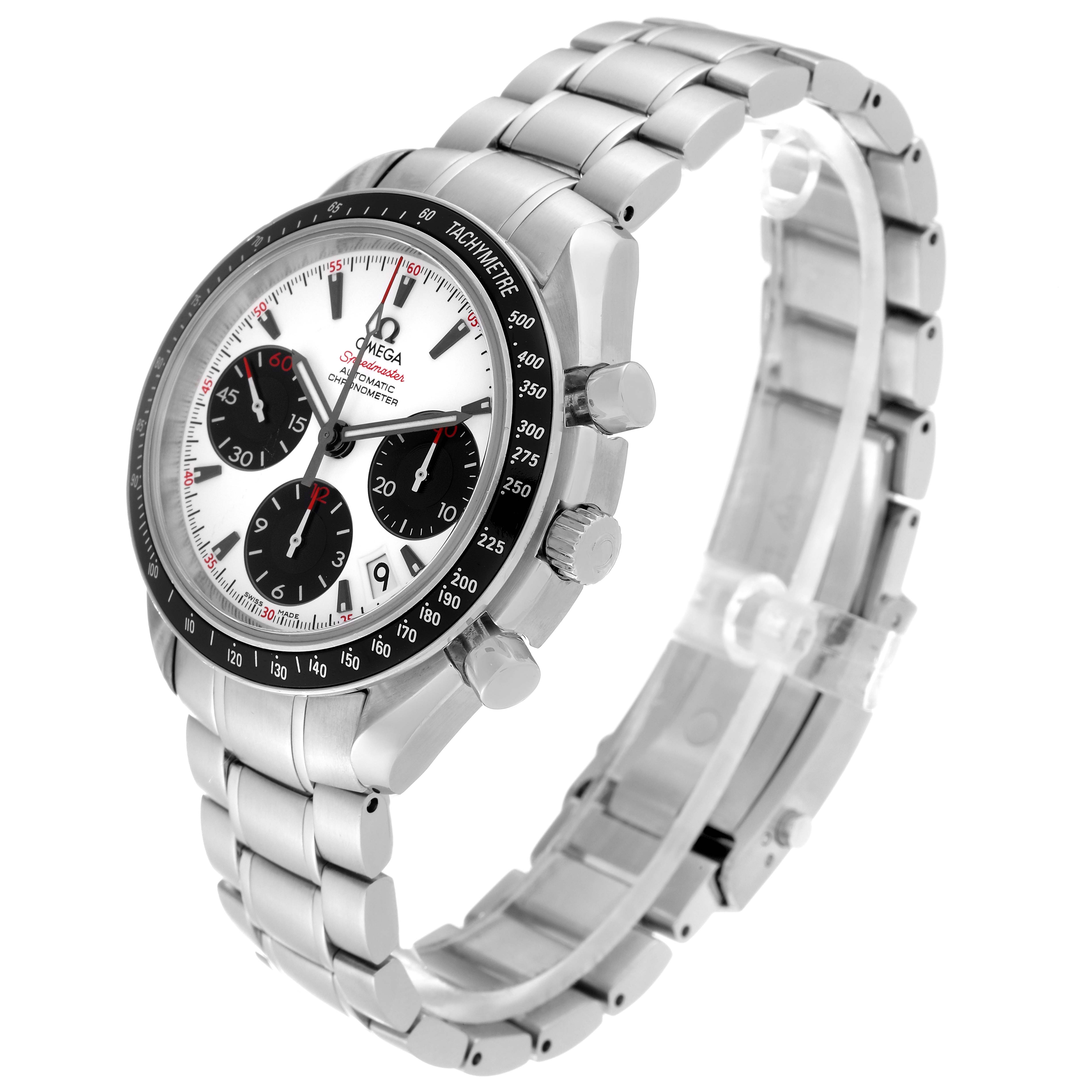 This image shows an Omega Speedmaster 323.30.40.40.04.001 Men's Stainless Steel White Dial 323.30.40.40.04.001 Men's Stainless Steel White Dial watch angled to display the face, bezel, and a part of the bracelet.