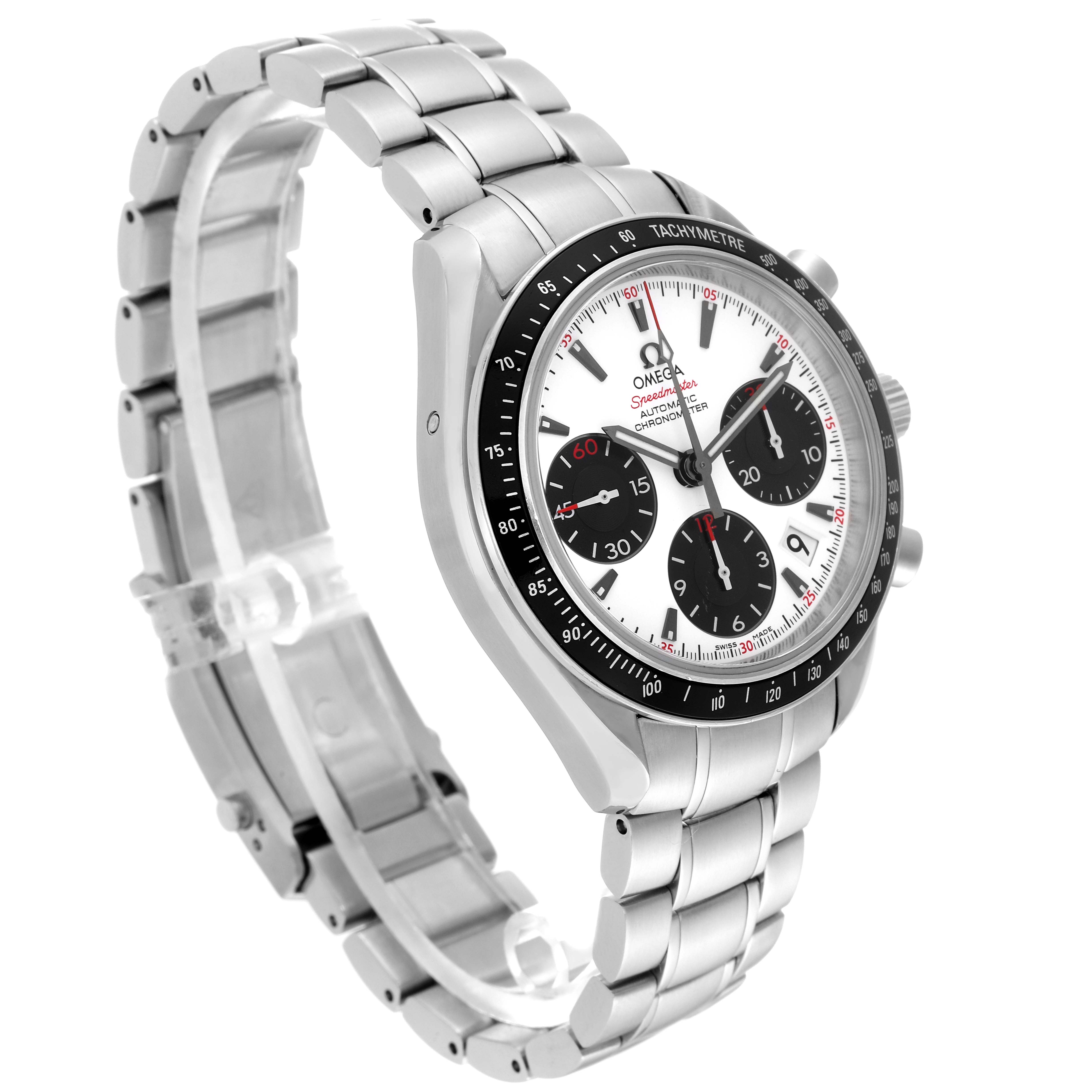 The image shows a side angle of the Omega Speedmaster 323.30.40.40.04.001 Men's Stainless Steel White Dial 323.30.40.40.04.001 Men's Stainless Steel White Dial watch, highlighting the face, bezel, and metal bracelet.