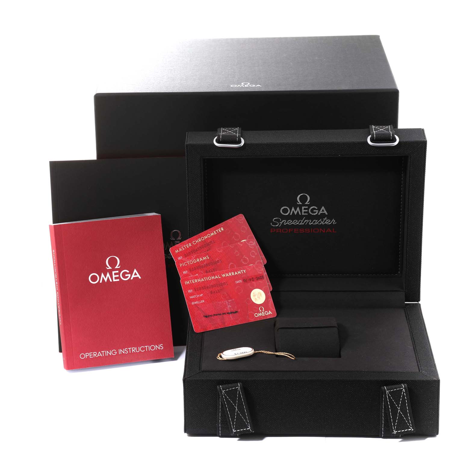 The image shows the packaging, operating instructions, warranty cards, and case for an Omega Speedmaster 310.30.42.50.01.001 Men
s Stainless Steel Black Dial 310.30.42.50.01.001 Men
s Stainless Steel Black Dial Professional watch.