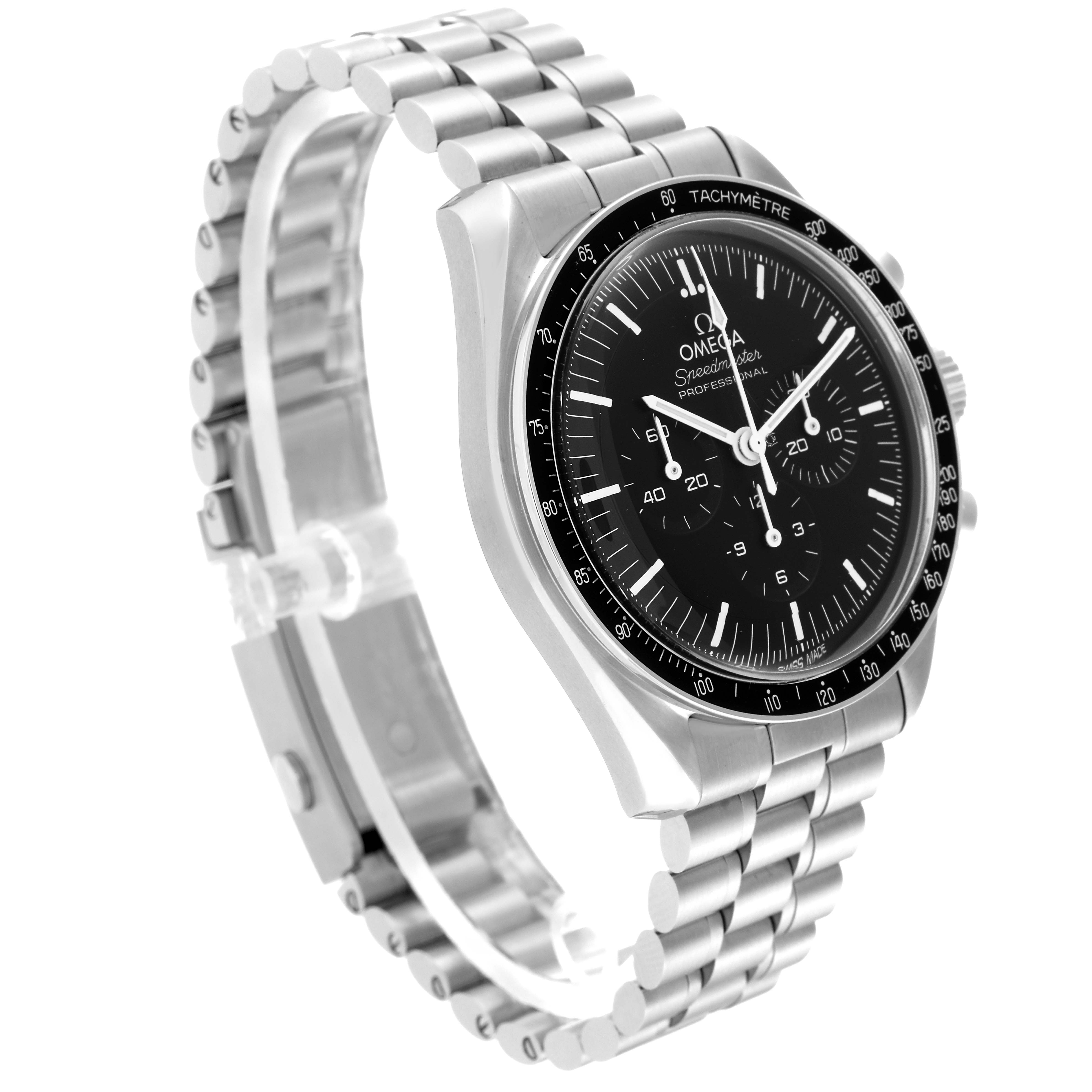 The image shows an Omega Speedmaster 310.30.42.50.01.001 Men
s Stainless Steel Black Dial 310.30.42.50.01.001 Men
s Stainless Steel Black Dial watch at a three-quarter angle, highlighting the dial and metal bracelet.