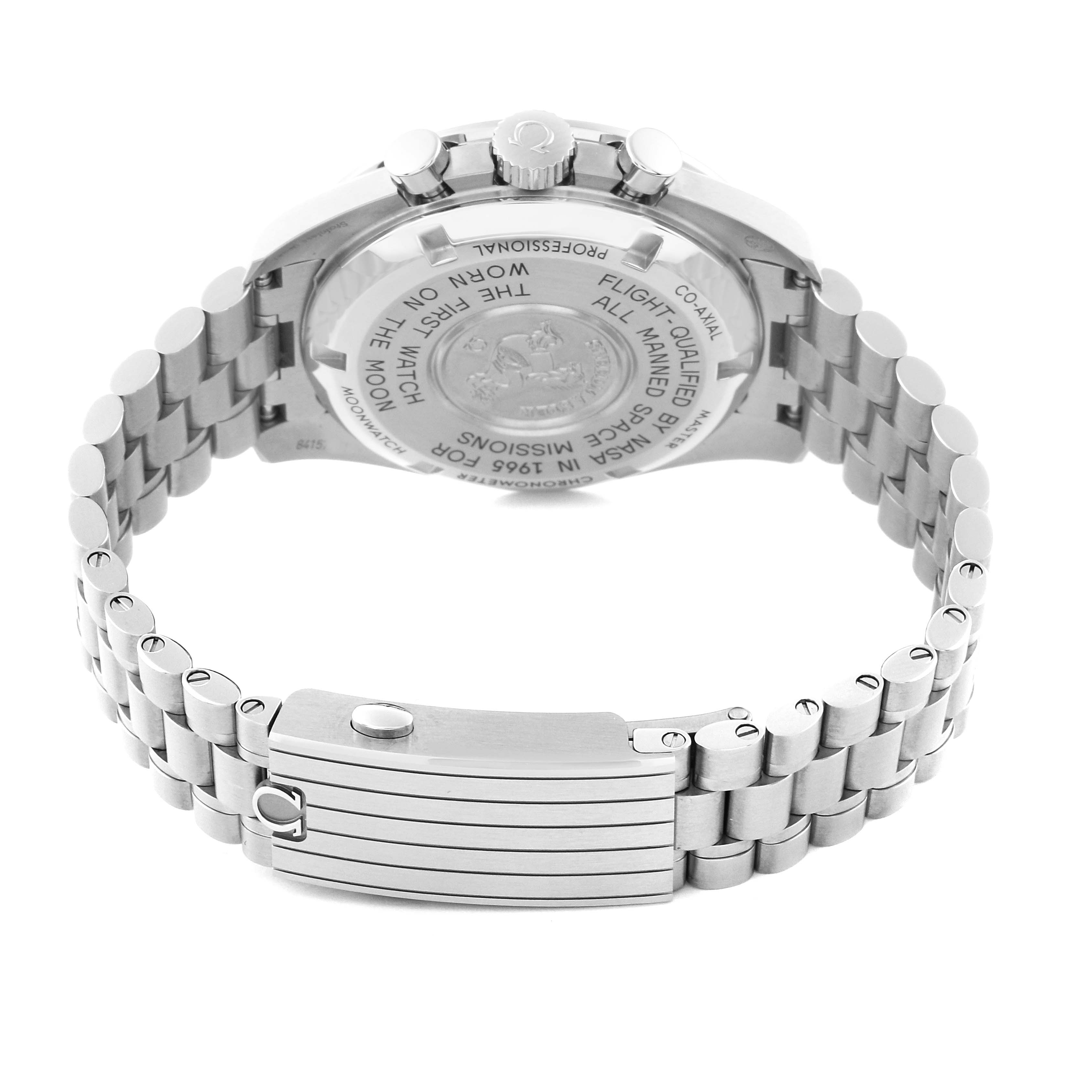 This image of the Omega Speedmaster 310.30.42.50.01.001 Men
s Stainless Steel Black Dial 310.30.42.50.01.001 Men
s Stainless Steel Black Dial watch shows the case back and bracelet from a rear angle.