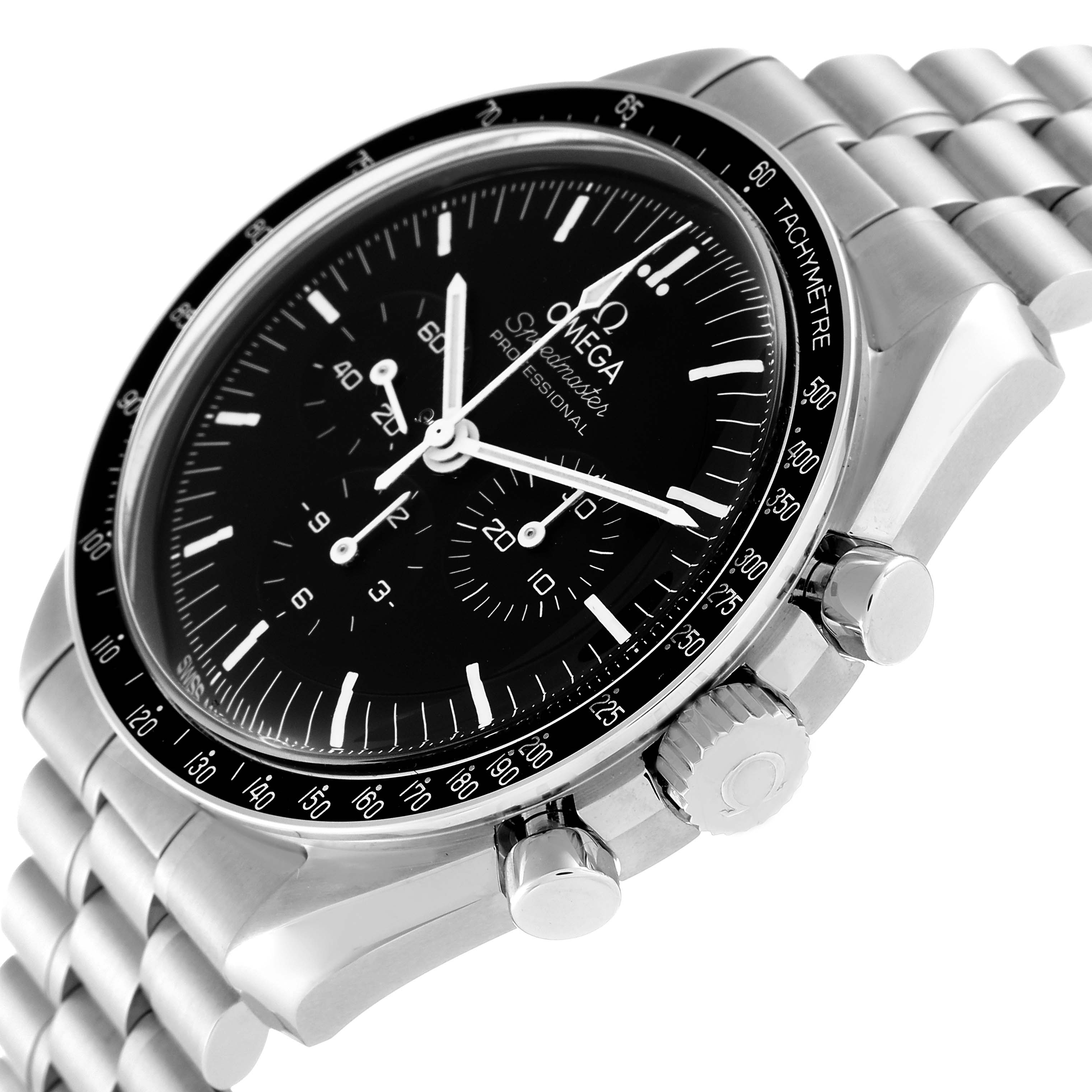 The image shows an angled view of the Omega Speedmaster 310.30.42.50.01.001 Men
s Stainless Steel Black Dial 310.30.42.50.01.001 Men
s Stainless Steel Black Dial watch, highlighting its stainless steel case, bezel, pushers, and bracelet.