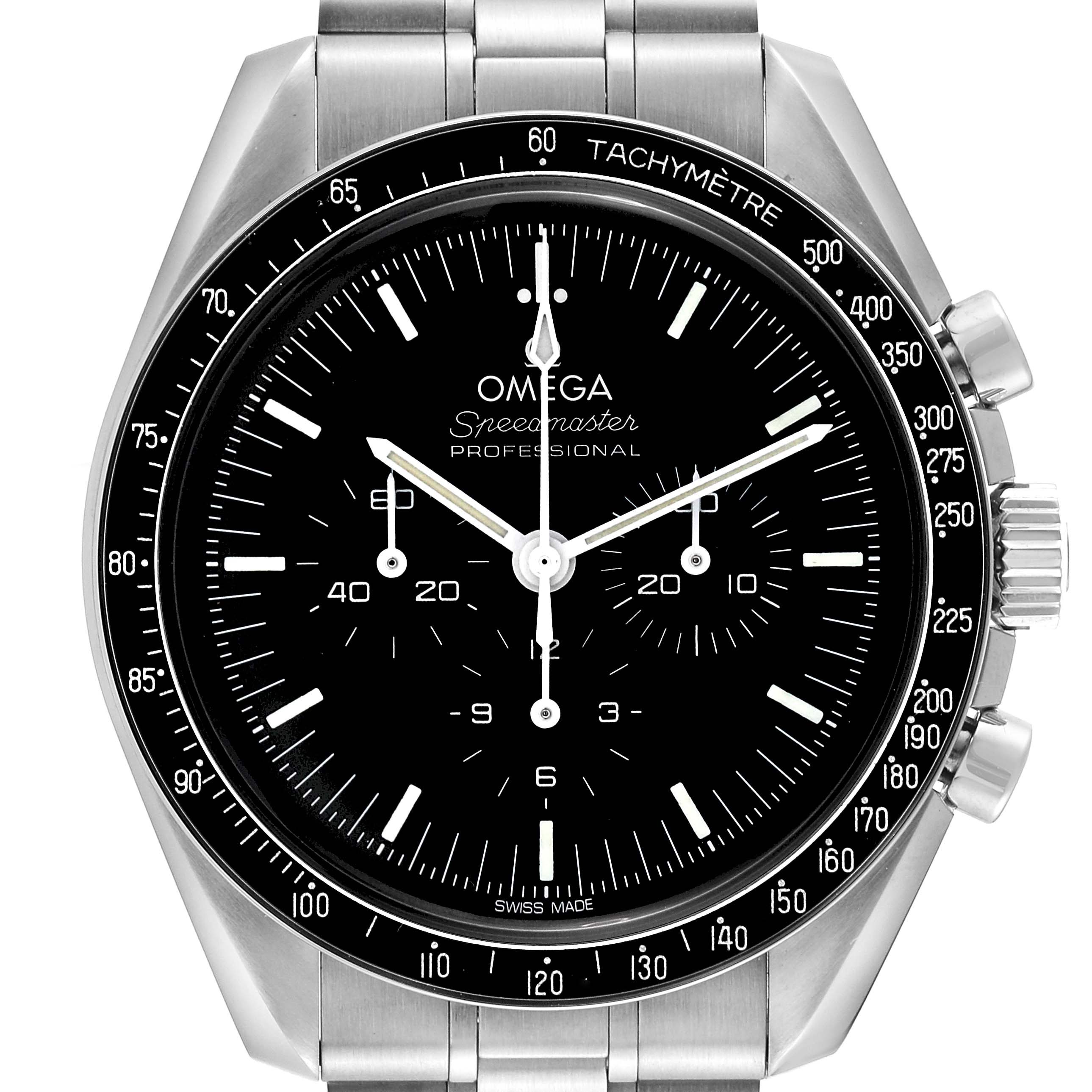 The image shows a front view of the Omega Speedmaster 310.30.42.50.01.001 Men
s Stainless Steel Black Dial 310.30.42.50.01.001 Men
s Stainless Steel Black Dial Professional watch, including its dial, bezel, and bracelet.