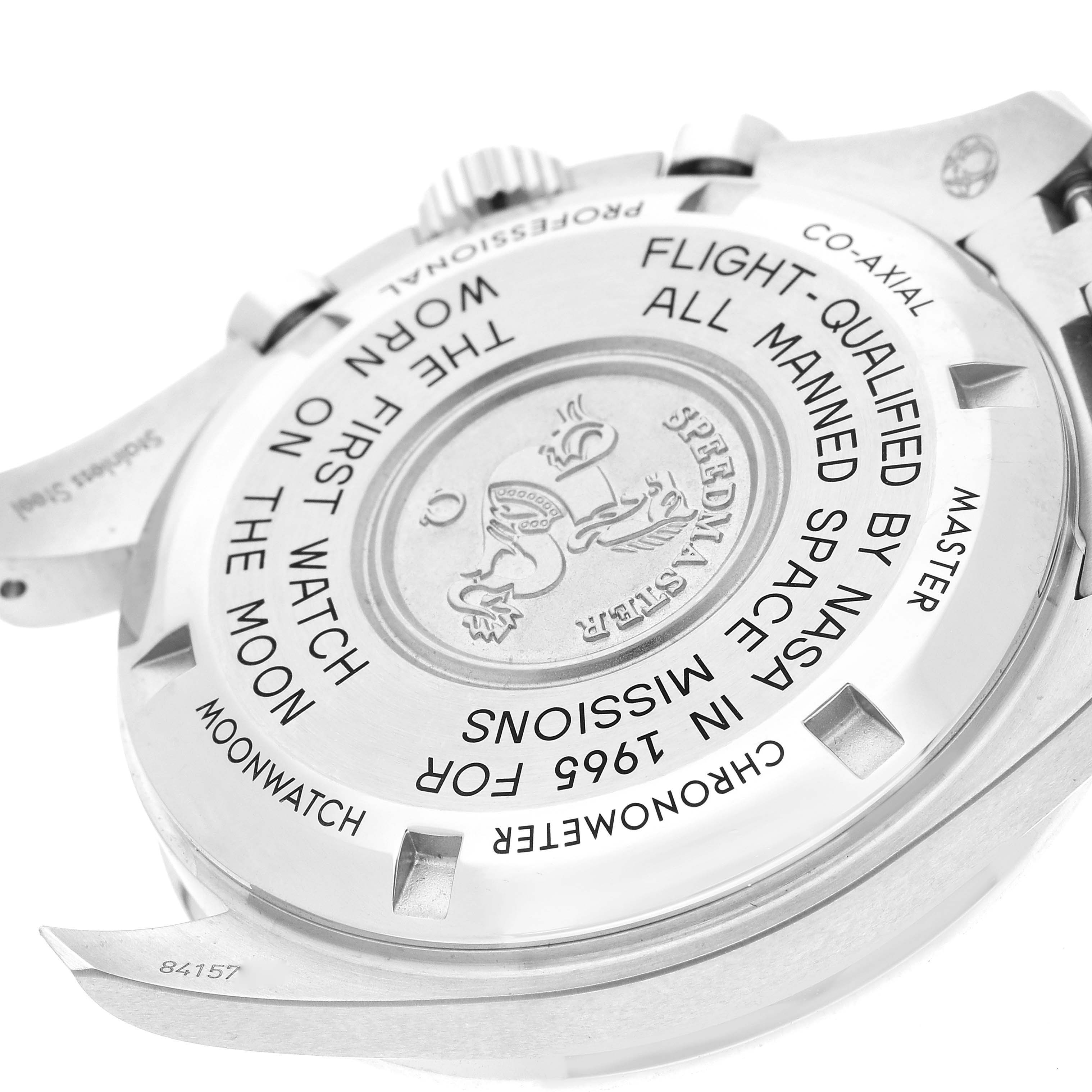 The image shows the back case of an Omega Speedmaster 310.30.42.50.01.001 Men
s Stainless Steel Black Dial 310.30.42.50.01.001 Men
s Stainless Steel Black Dial watch, highlighting the engravings and clasp.