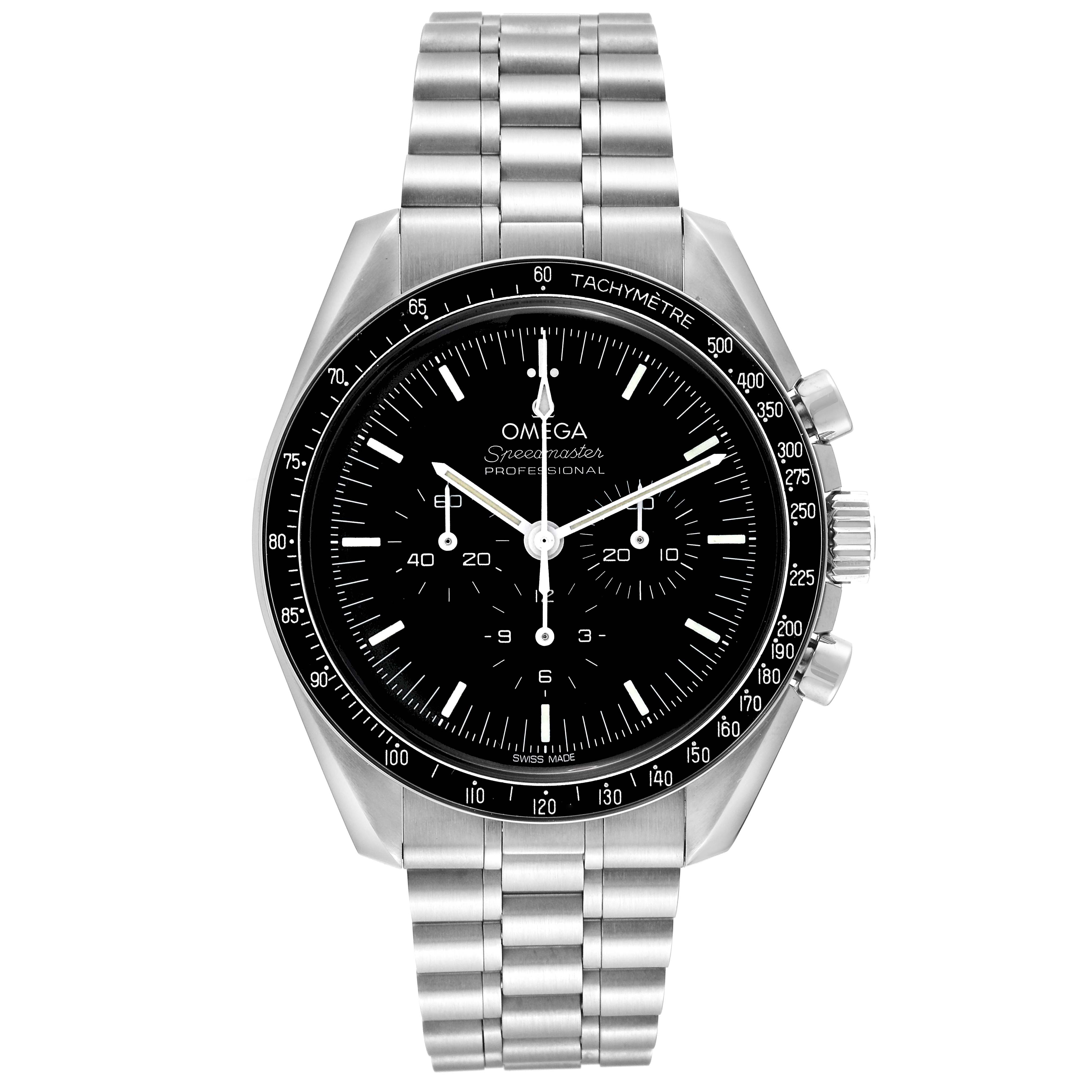 The image shows a front view of the Omega Speedmaster 310.30.42.50.01.001 Men
s Stainless Steel Black Dial 310.30.42.50.01.001 Men
s Stainless Steel Black Dial model, highlighting its face, bezel, and bracelet.