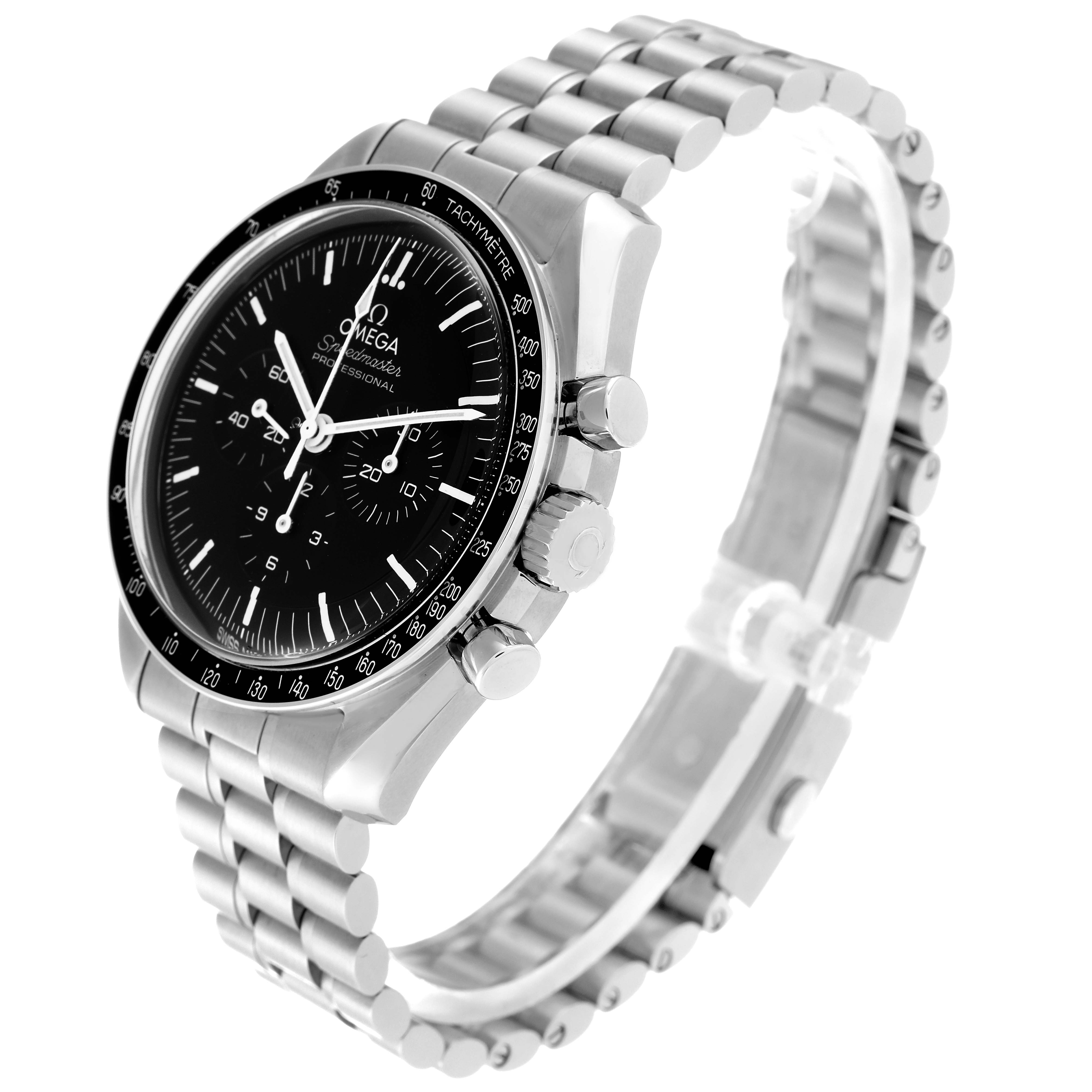 This image shows an angled view of an Omega Speedmaster 310.30.42.50.01.001 Men
s Stainless Steel Black Dial 310.30.42.50.01.001 Men
s Stainless Steel Black Dial with a stainless steel bracelet and tachymeter bezel.
