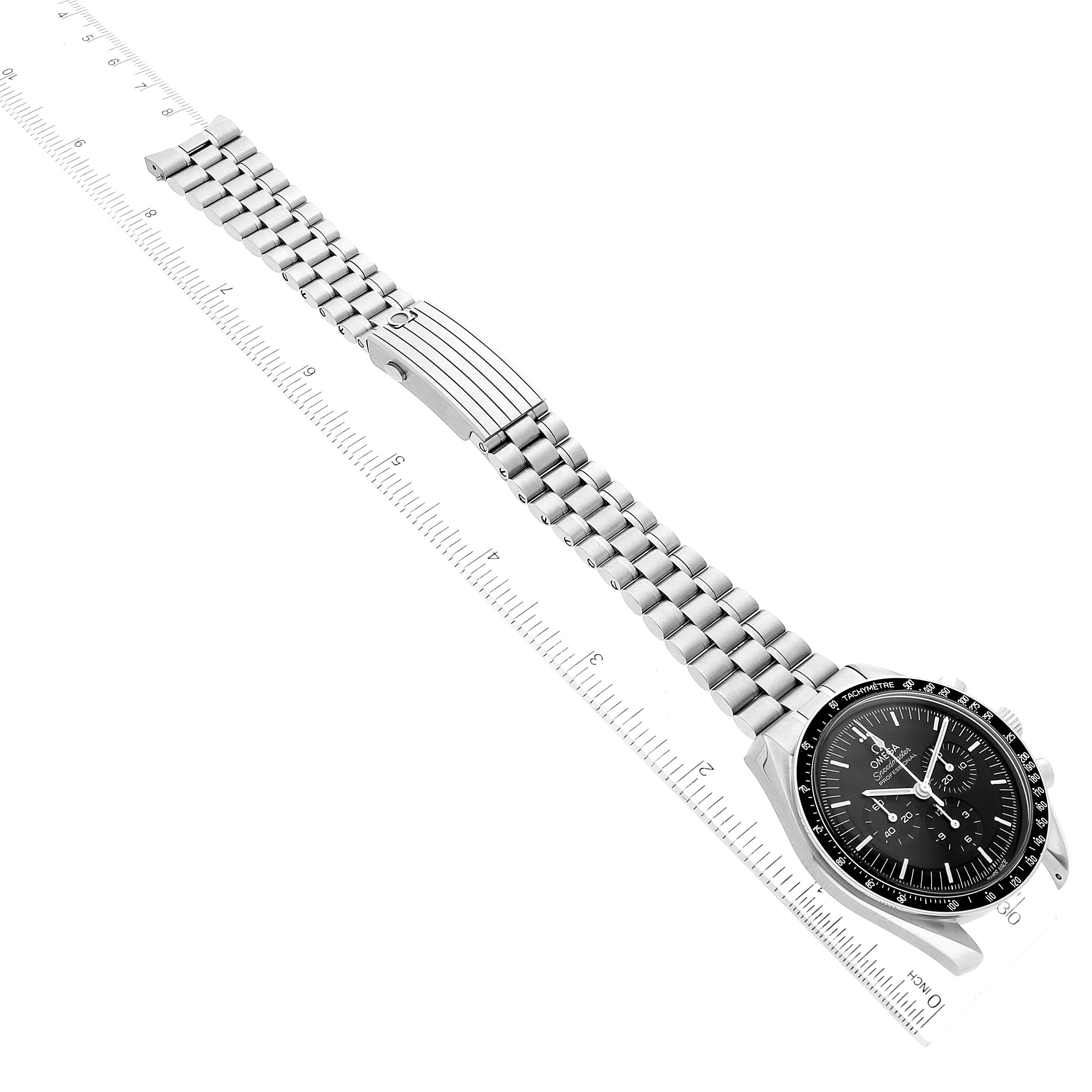 This image shows an Omega Speedmaster 310.30.42.50.01.001 Men
s Stainless Steel Black Dial 310.30.42.50.01.001 Men
s Stainless Steel Black Dial watch at a slight angle, displaying its face and entire metal bracelet.