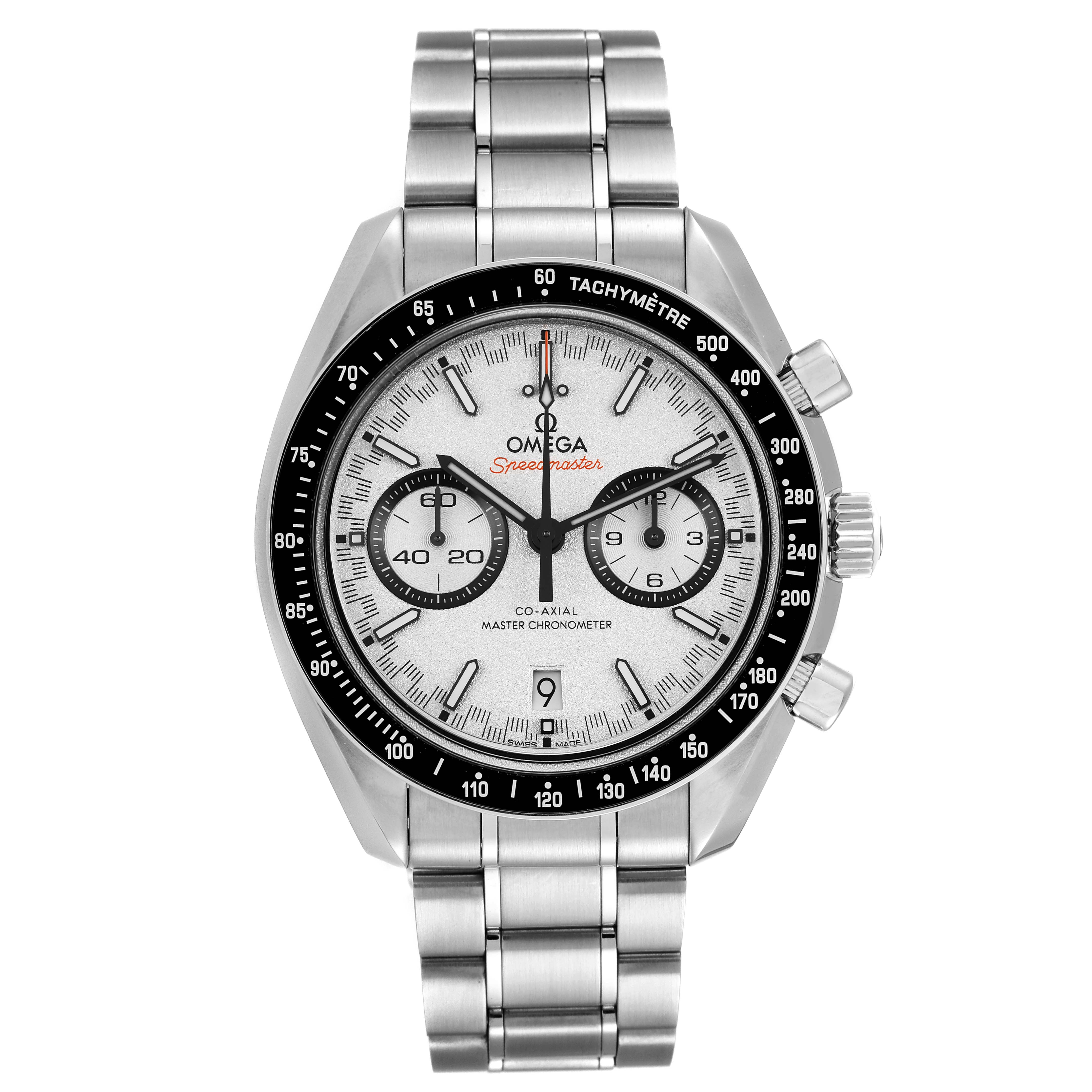 The image shows a frontal view of the Omega Speedmaster 329.30.44.51.04.001 Men
s Stainless Steel White Dial 329.30.44.51.04.001 Men
s Stainless Steel White Dial watch, displaying the dial, bezel, and stainless steel bracelet.