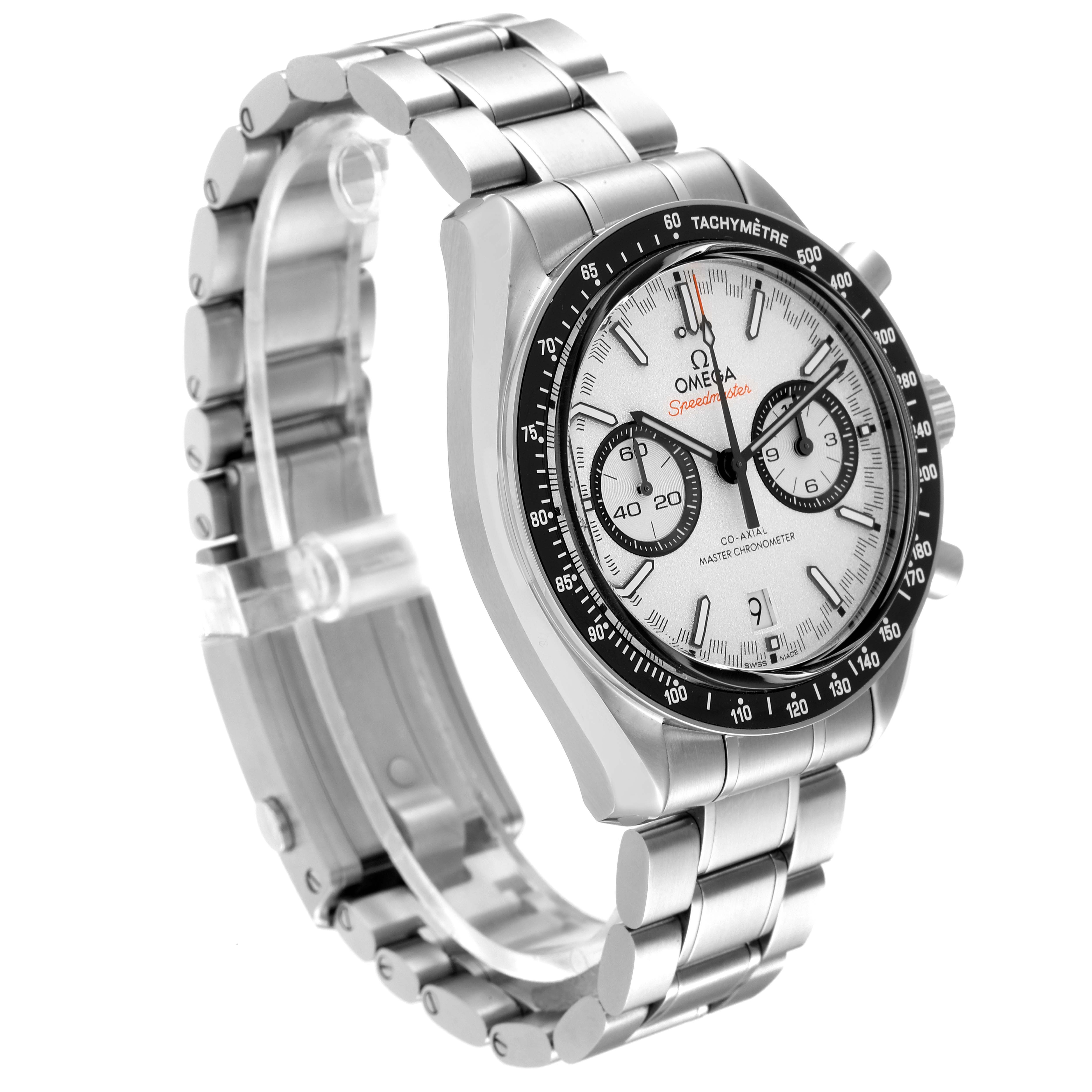 This image shows a side-angle view of an Omega Speedmaster 329.30.44.51.04.001 Men
s Stainless Steel White Dial 329.30.44.51.04.001 Men
s Stainless Steel White Dial watch, highlighting the face, chronograph dials, bezel, and stainless steel bracelet.