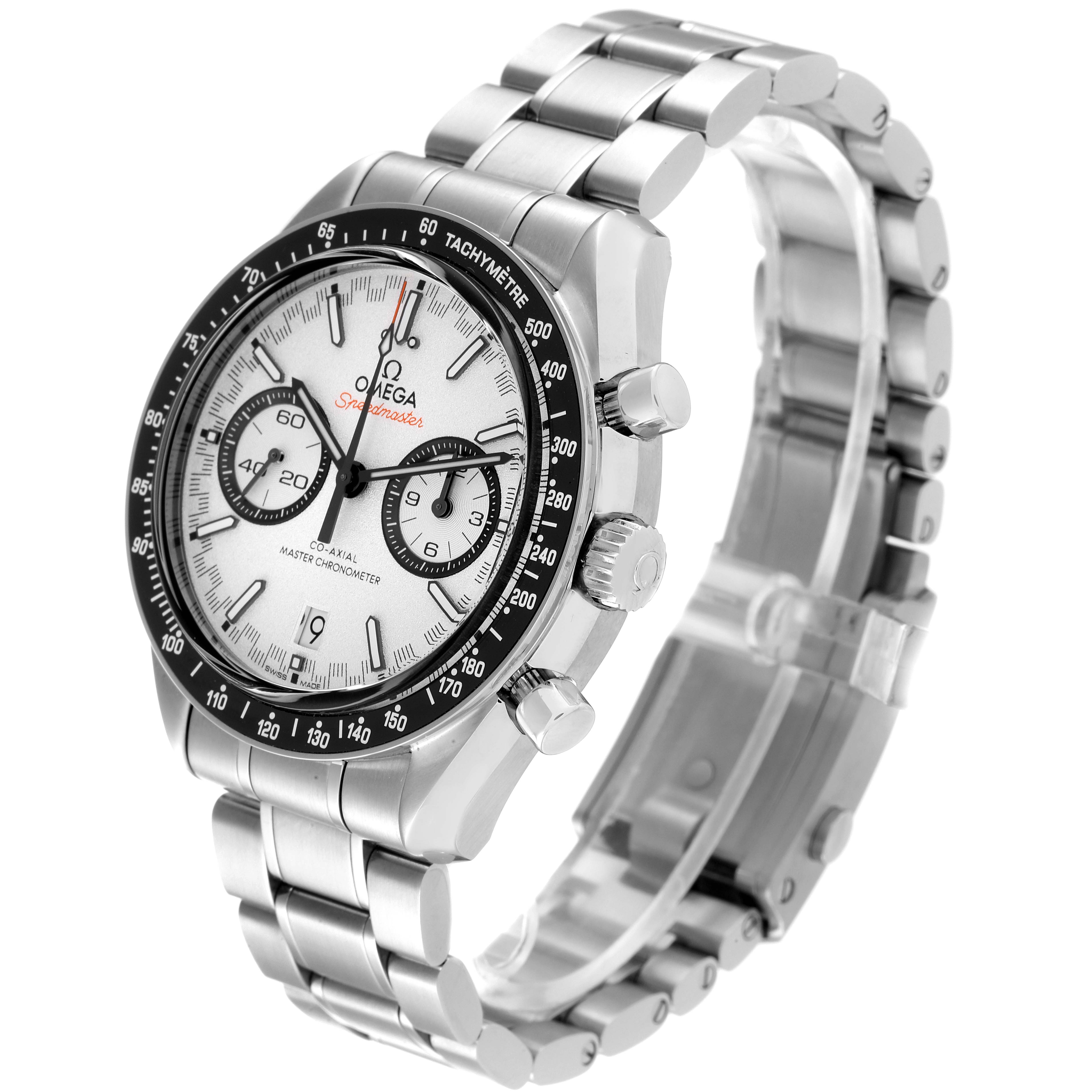 The Omega Speedmaster 329.30.44.51.04.001 Men
s Stainless Steel White Dial 329.30.44.51.04.001 Men
s Stainless Steel White Dial watch is shown at a three-quarter angle, highlighting the dial, bezel, and stainless steel bracelet.