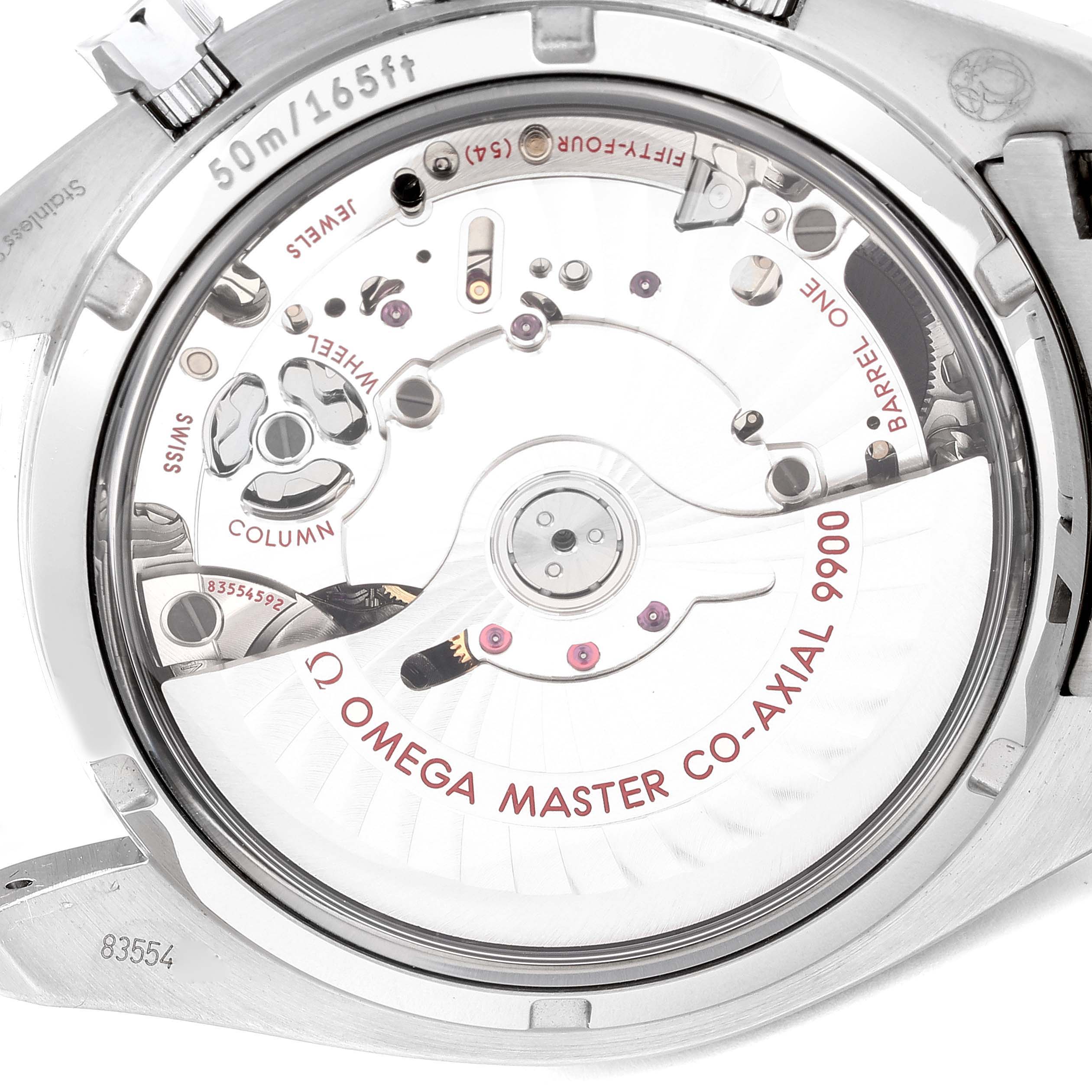 The image shows the back view of the Omega Speedmaster 329.30.44.51.04.001 Men
s Stainless Steel White Dial 329.30.44.51.04.001 Men
s Stainless Steel White Dial watch, highlighting the movement and mechanical parts inside.