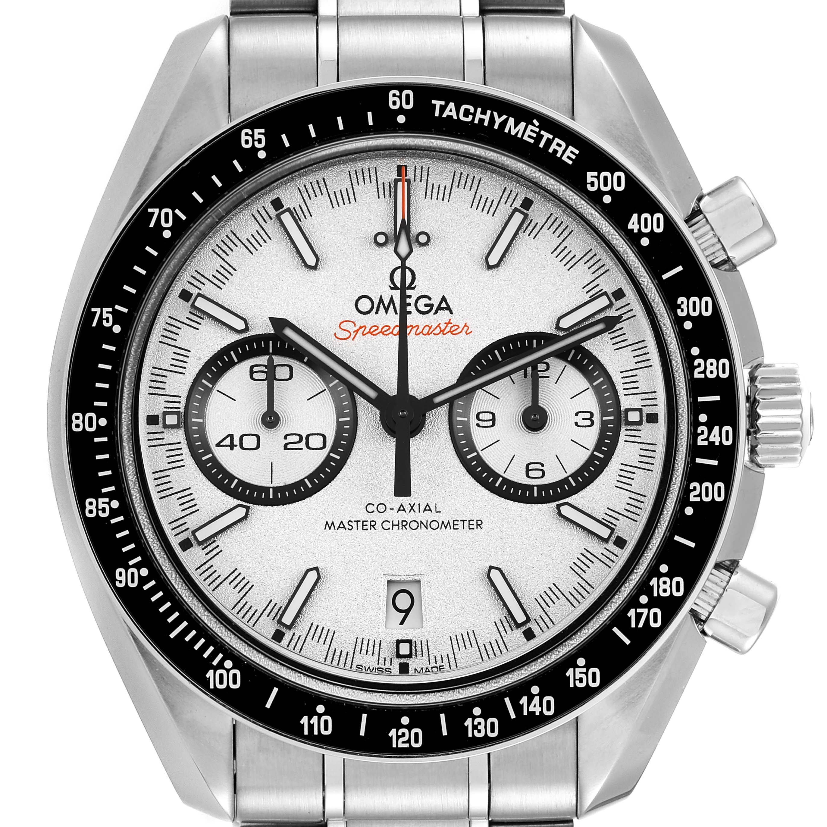 The image shows a frontal view of the Omega Speedmaster 329.30.44.51.04.001 Men
s Stainless Steel White Dial 329.30.44.51.04.001 Men
s Stainless Steel White Dial watch, highlighting its face, sub-dials, bezel, and crown.
