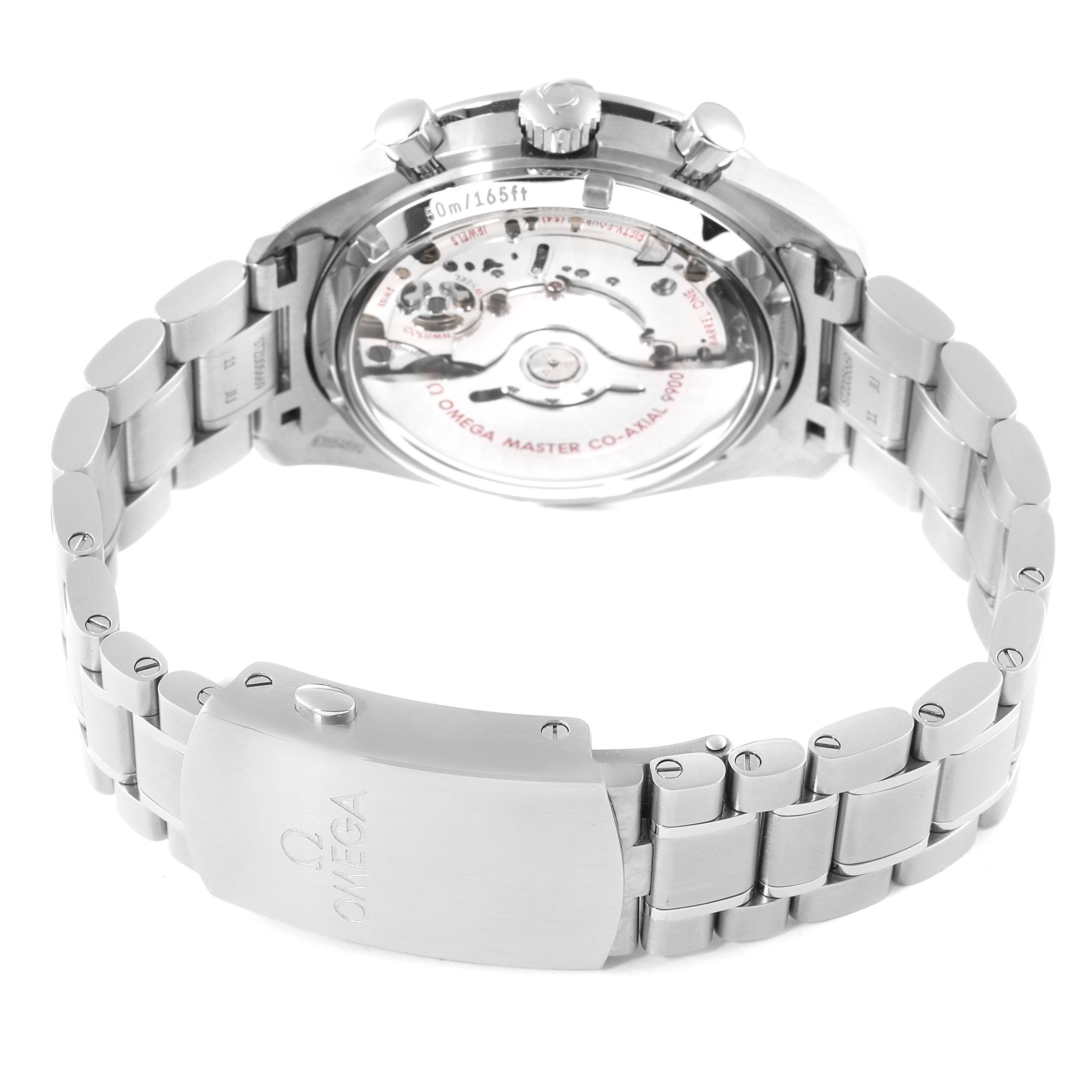 The image shows the back view of an Omega Speedmaster 329.30.44.51.04.001 Men
s Stainless Steel White Dial 329.30.44.51.04.001 Men
s Stainless Steel White Dial watch, highlighting its clasp, bracelet, and open case back.