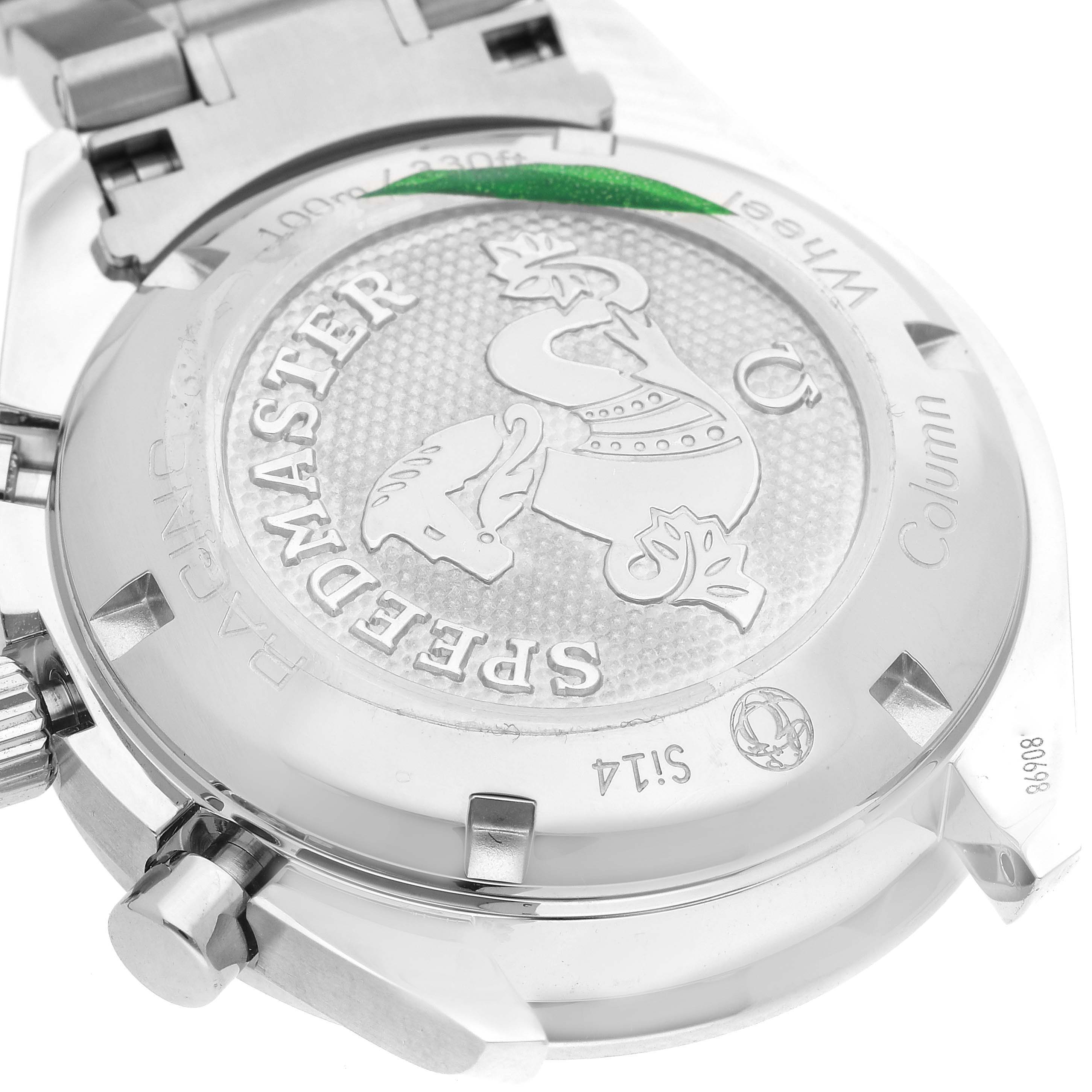 This image shows the back case of an Omega Speedmaster 326.30.40.50.03.001 Men
s Stainless Steel Blue Dial 326.30.40.50.03.001 Men
s Stainless Steel Blue Dial watch from a slightly angled top-down perspective.