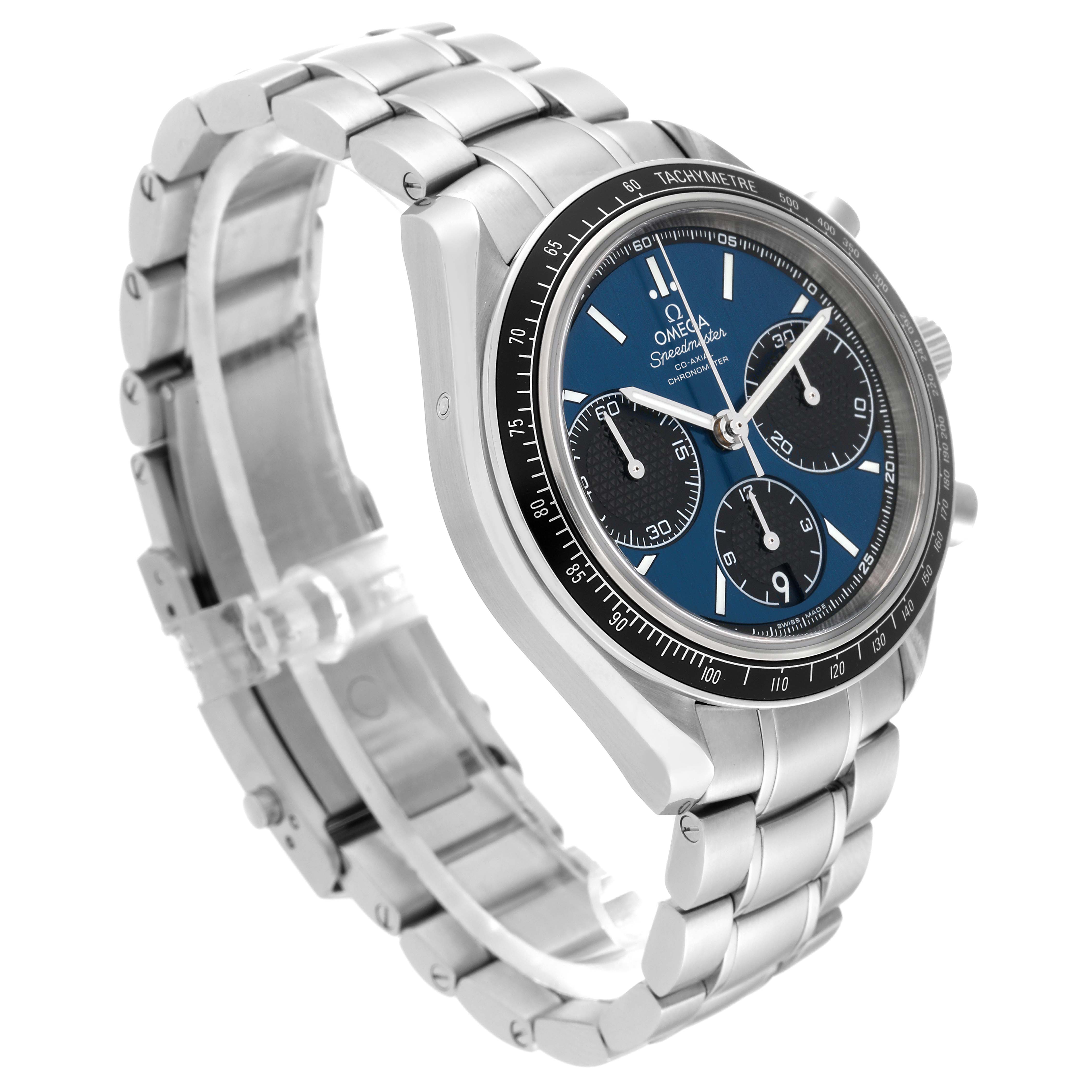 The Omega Speedmaster 326.30.40.50.03.001 Men
s Stainless Steel Blue Dial 326.30.40.50.03.001 Men
s Stainless Steel Blue Dial watch is shown at a three-quarter angle, highlighting its stainless steel bracelet, tachymeter bezel, and dial.