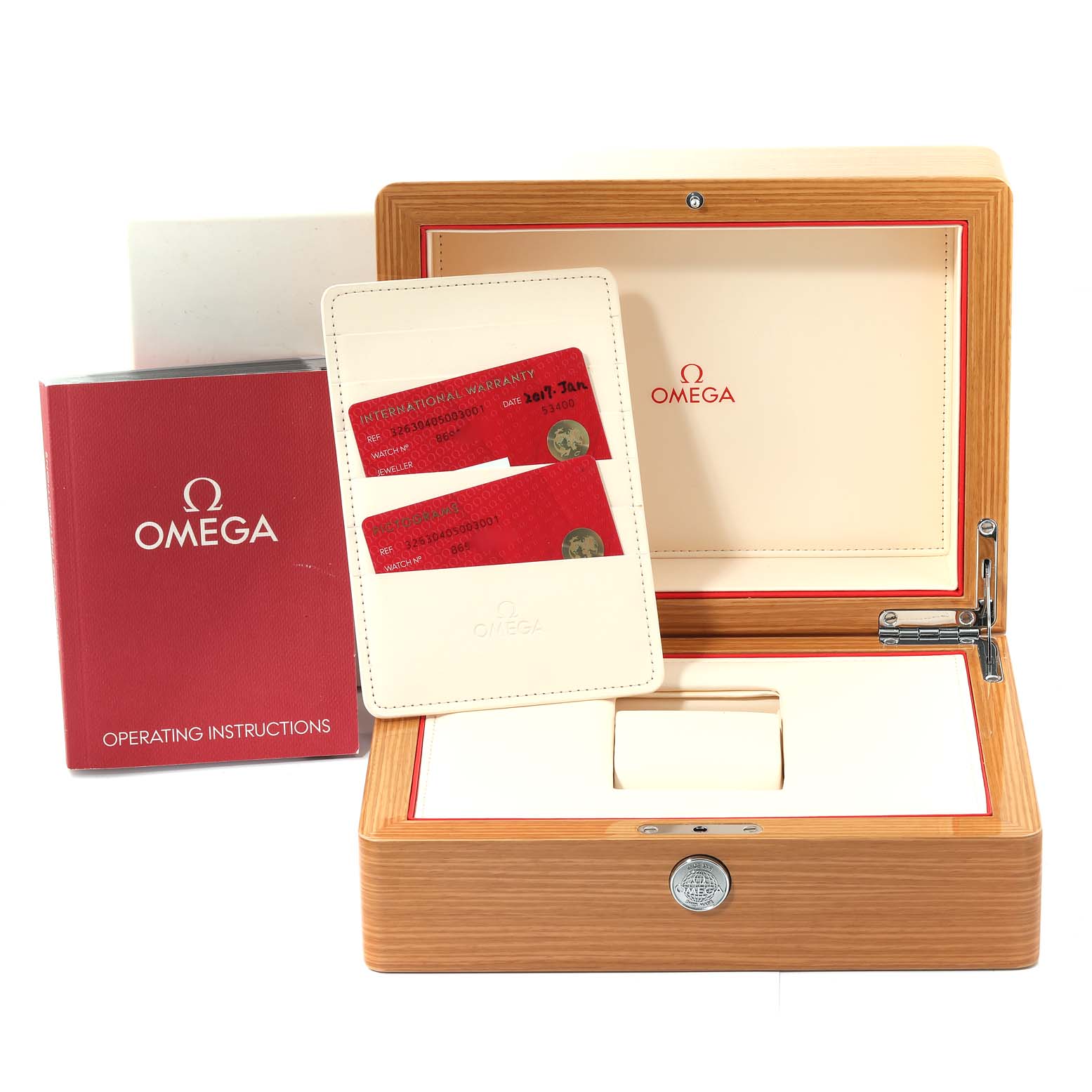 The image shows the Omega Speedmaster 326.30.40.50.03.001 Men
s Stainless Steel Blue Dial 326.30.40.50.03.001 Men
s Stainless Steel Blue Dial watch box, instruction manual, and warranty cards.