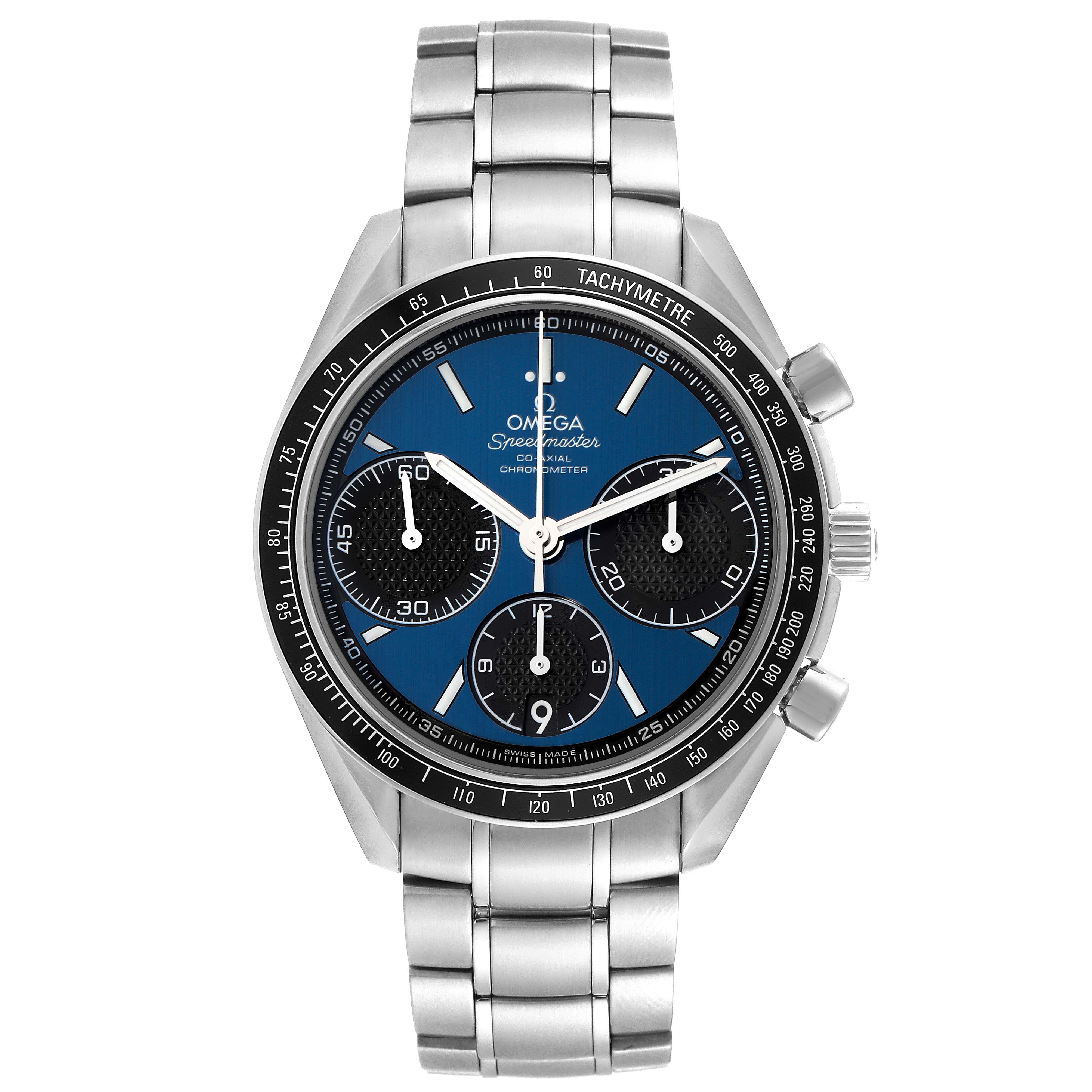 This image shows a front view of the Omega Speedmaster 326.30.40.50.03.001 Men
s Stainless Steel Blue Dial 326.30.40.50.03.001 Men
s Stainless Steel Blue Dial watch, featuring its dial, bezel, and bracelet.