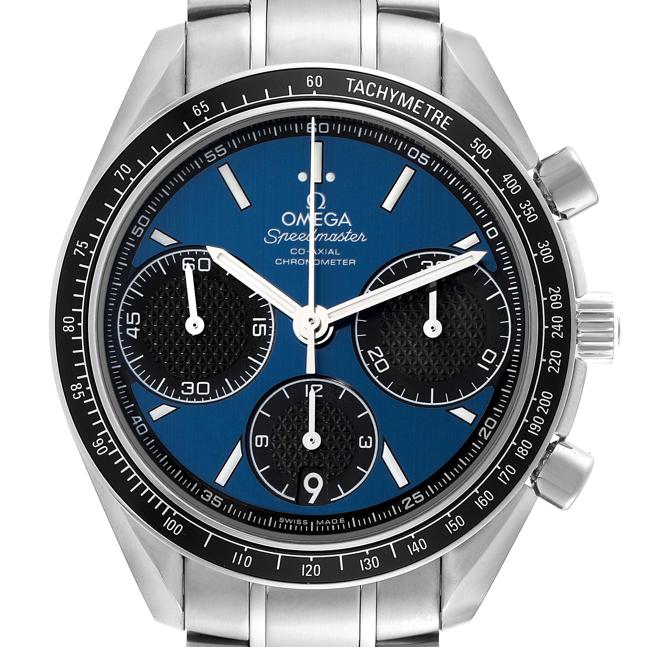 The image shows a front view of the Omega Speedmaster 326.30.40.50.03.001 Men
s Stainless Steel Blue Dial 326.30.40.50.03.001 Men
s Stainless Steel Blue Dial watch, highlighting the dial, subdials, crown, and tachymeter bezel.