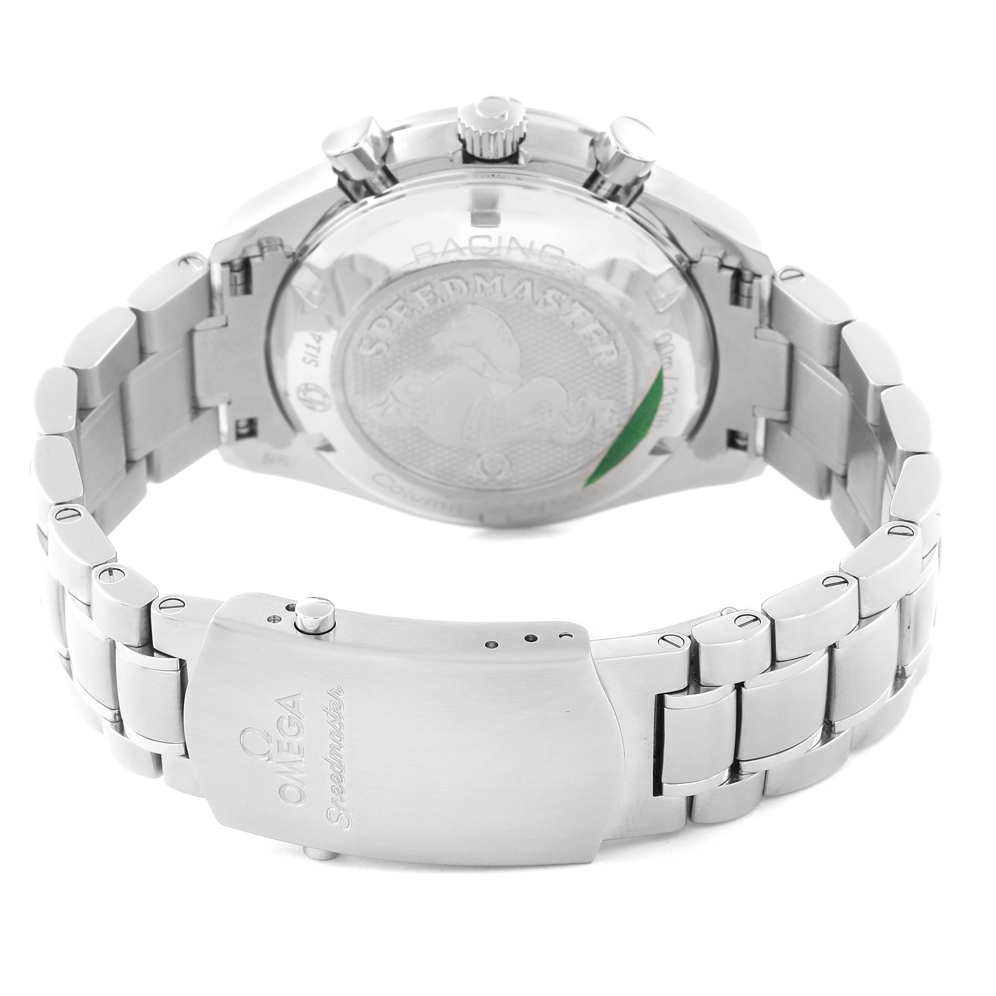 The image shows the back view of an Omega Speedmaster 326.30.40.50.03.001 Men
s Stainless Steel Blue Dial 326.30.40.50.03.001 Men
s Stainless Steel Blue Dial watch, focusing on its clasp, bracelet, and case back.