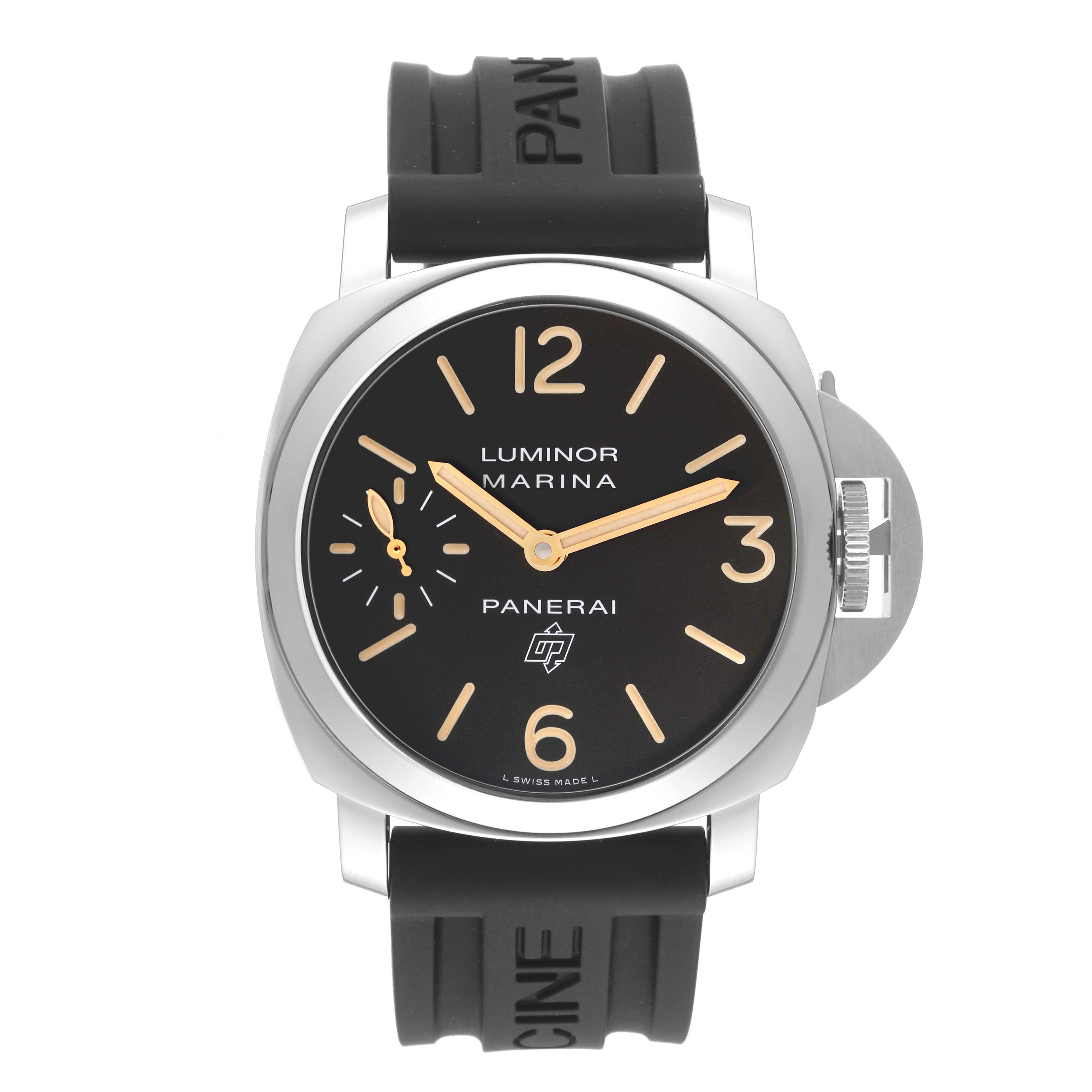 The image shows a front view of the Panerai Luminor PAM00632 Men
s Stainless Steel Brown Dial PAM00632 Men
s Stainless Steel Brown Dial Marina watch, highlighting its black dial and rubber strap.