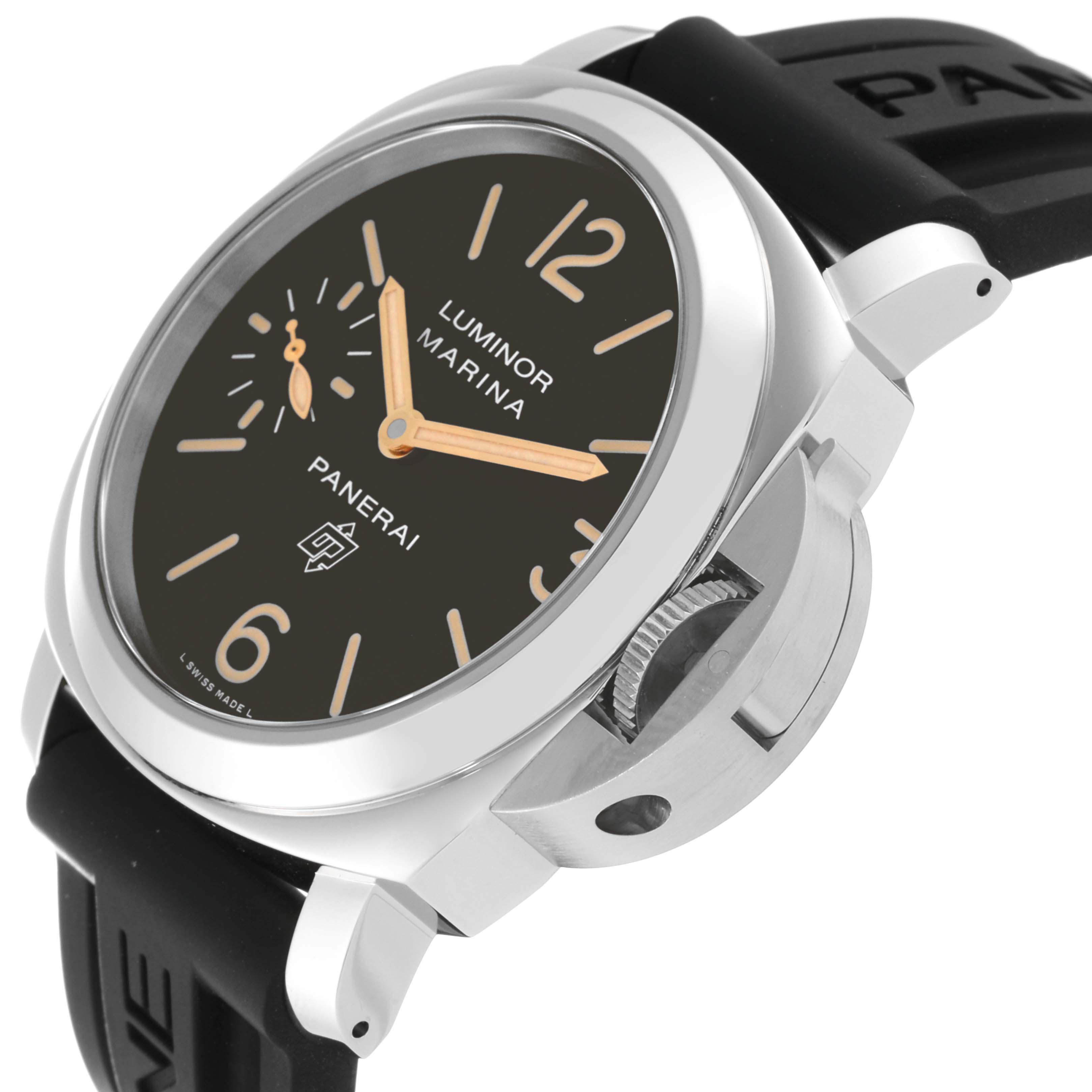 The image shows a close-up side angle of the Panerai Luminor PAM00632 Men
s Stainless Steel Brown Dial PAM00632 Men
s Stainless Steel Brown Dial Marina watch, highlighting the dial, case, crown, and strap.