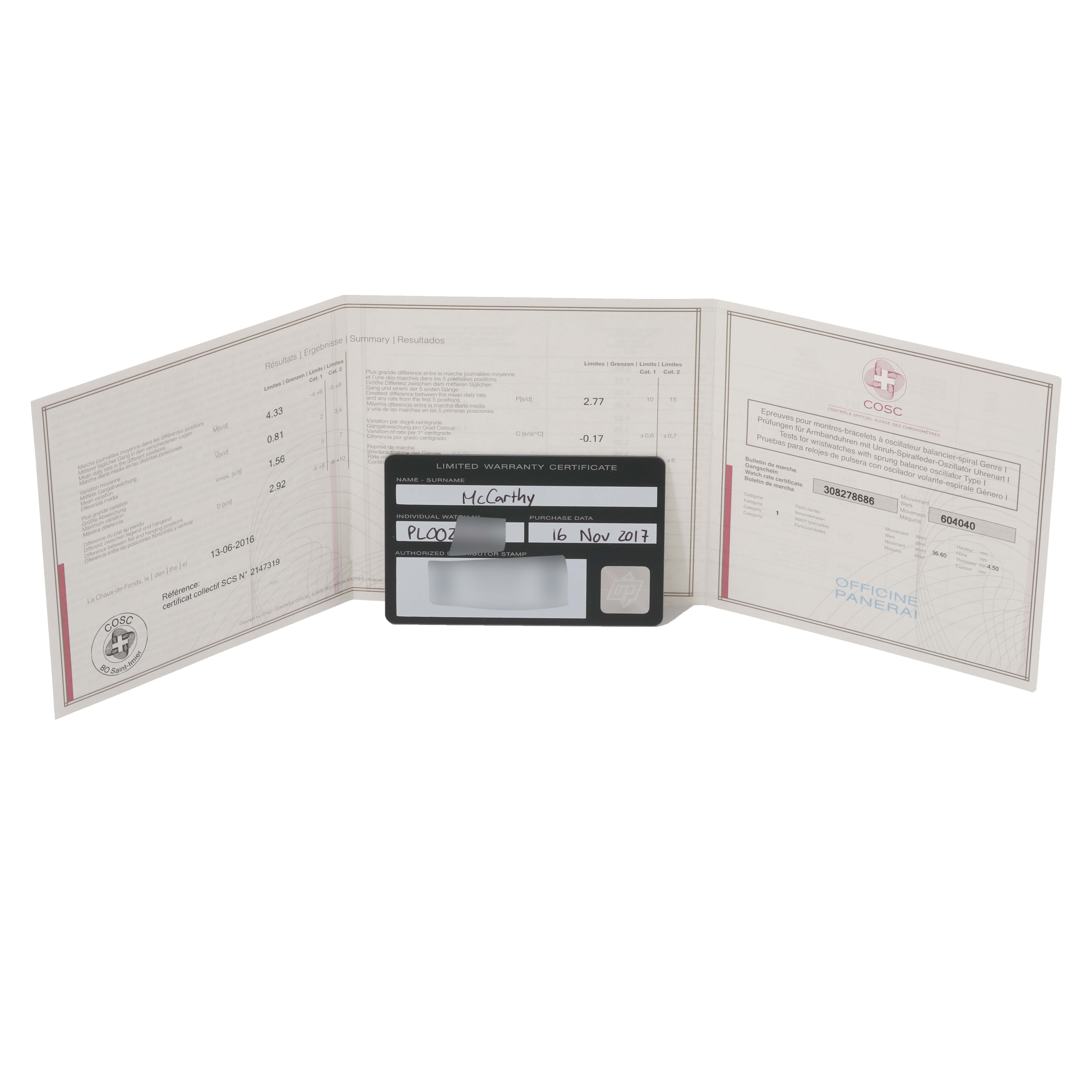 The image shows an open warranty booklet and a warranty card for the Panerai Luminor PAM00632 Men
s Stainless Steel Brown Dial PAM00632 Men
s Stainless Steel Brown Dial watch from a front angle.