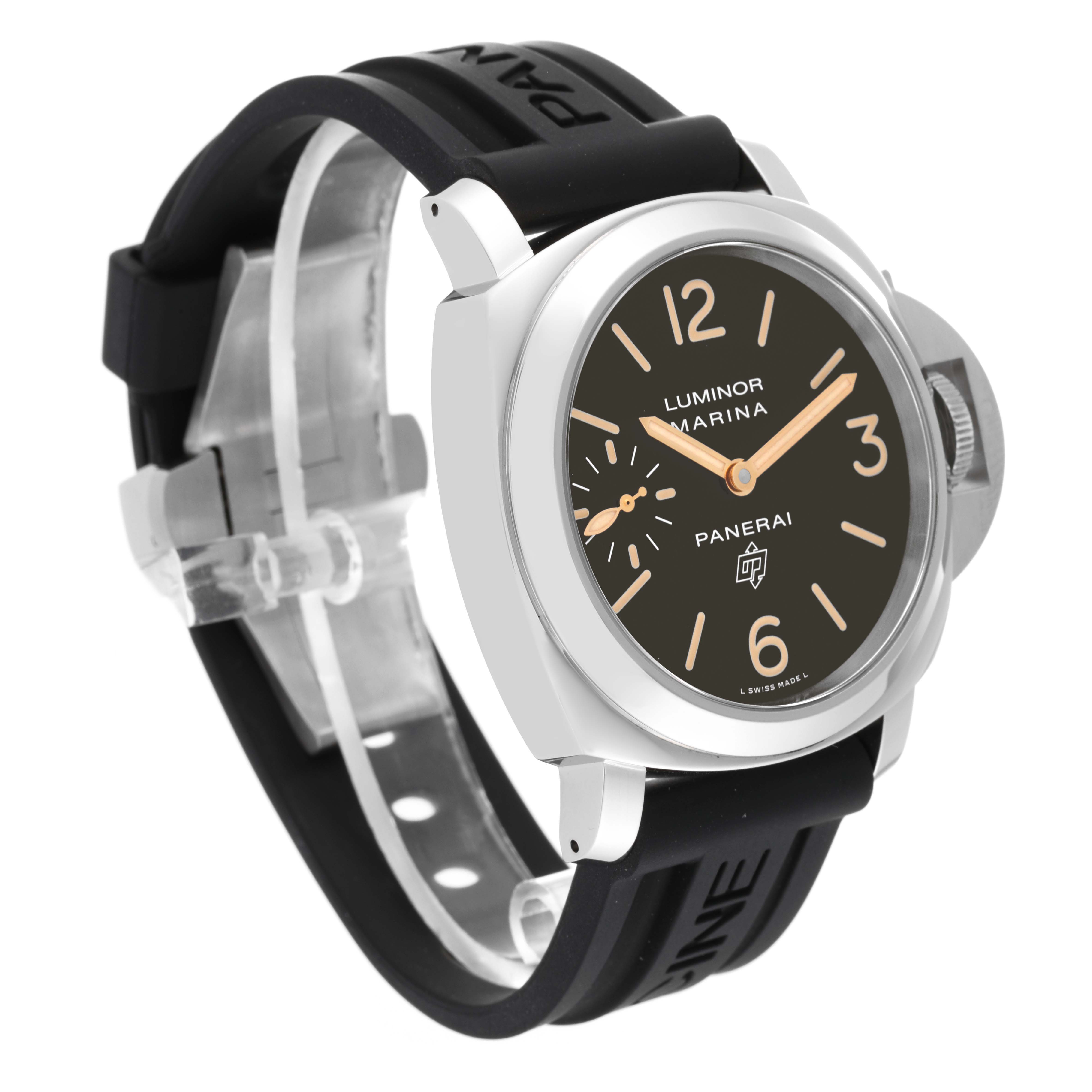 The Panerai Luminor PAM00632 Men
s Stainless Steel Brown Dial PAM00632 Men
s Stainless Steel Brown Dial watch is shown at an angle displaying the front dial, crown guard, and black strap.