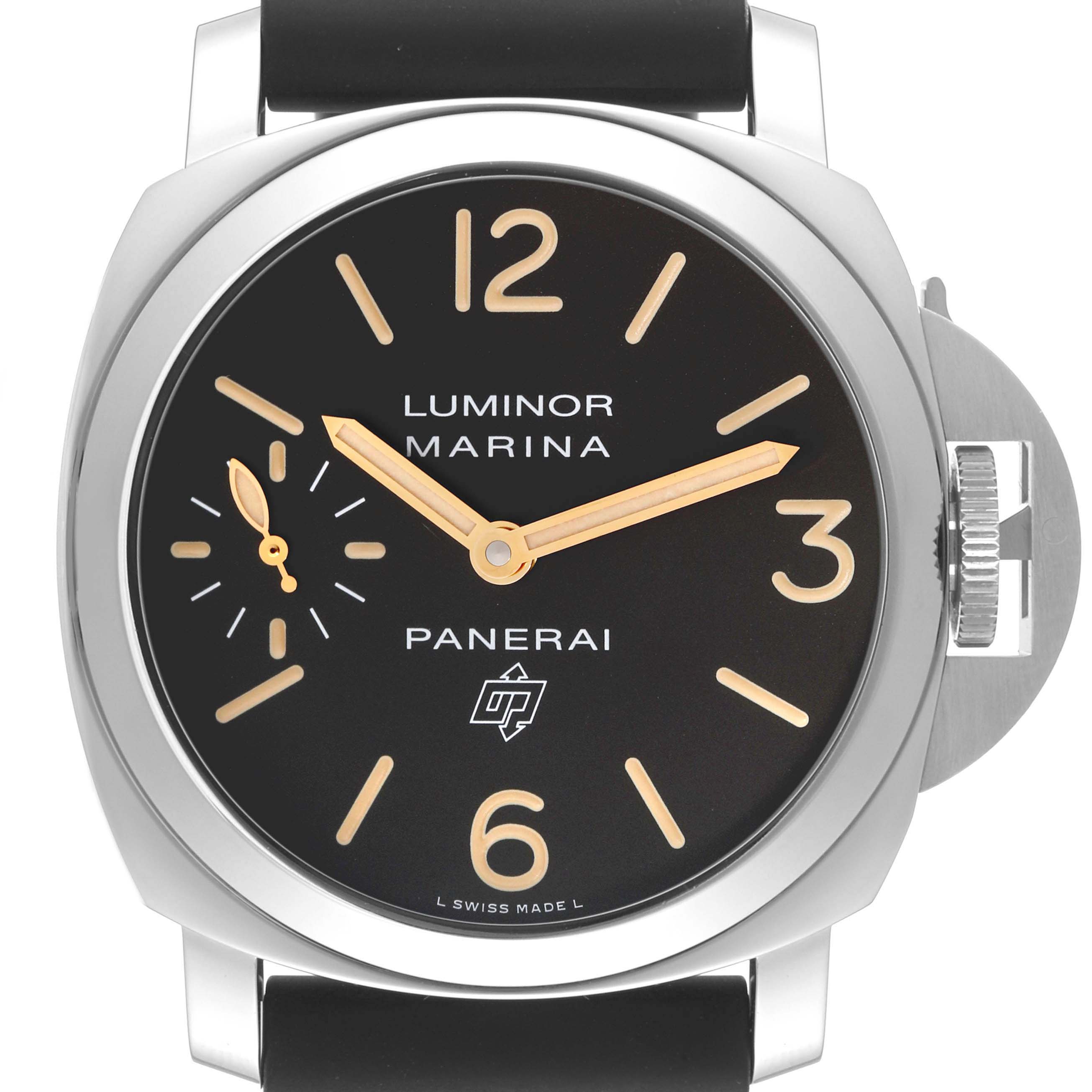 The image shows a front view of the Panerai Luminor PAM00632 Men
s Stainless Steel Brown Dial PAM00632 Men
s Stainless Steel Brown Dial Marina watch, highlighting the face, hands, and crown guard.