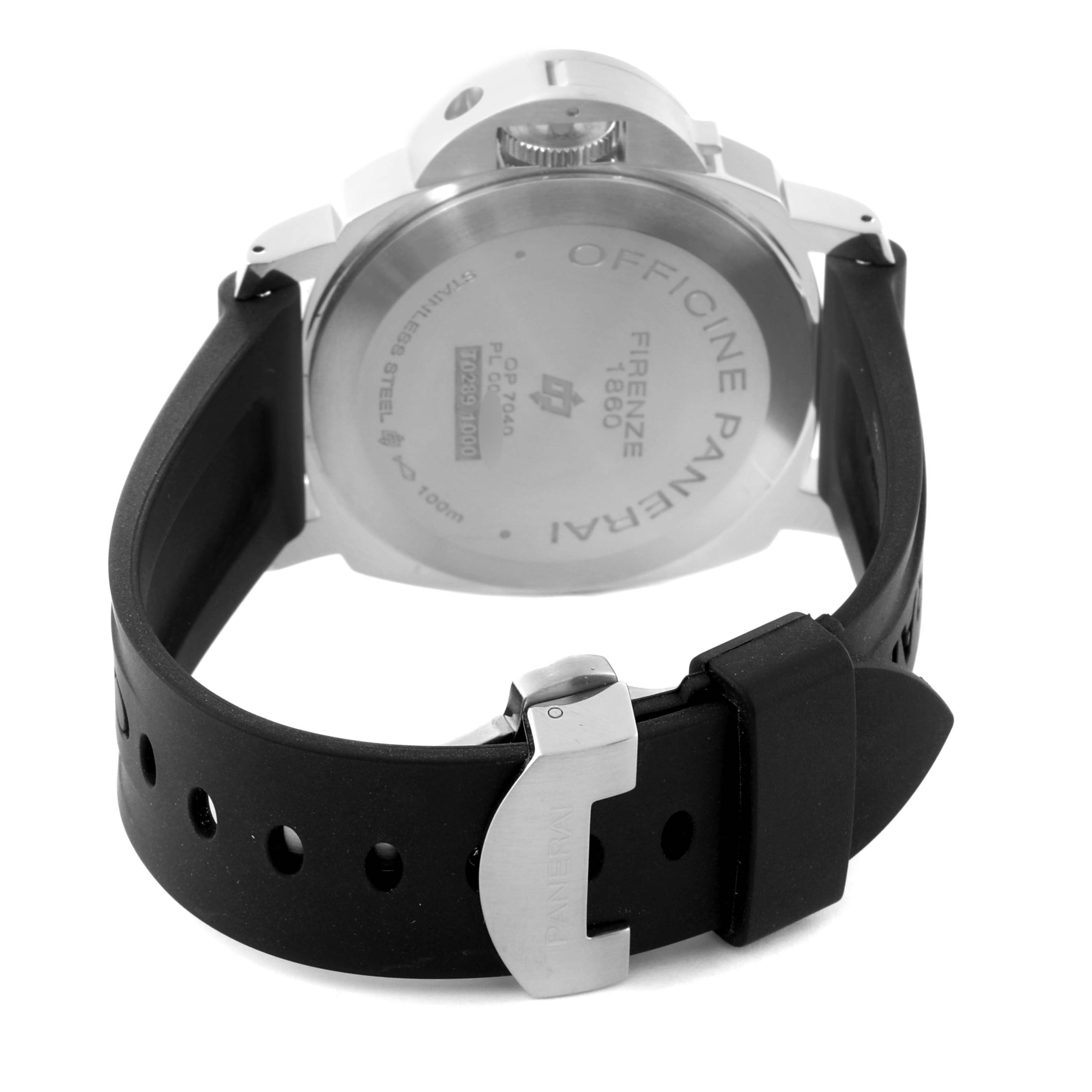 The image shows the back casing and the buckle of the strap of a Panerai Luminor PAM00632 Men
s Stainless Steel Brown Dial PAM00632 Men
s Stainless Steel Brown Dial watch.