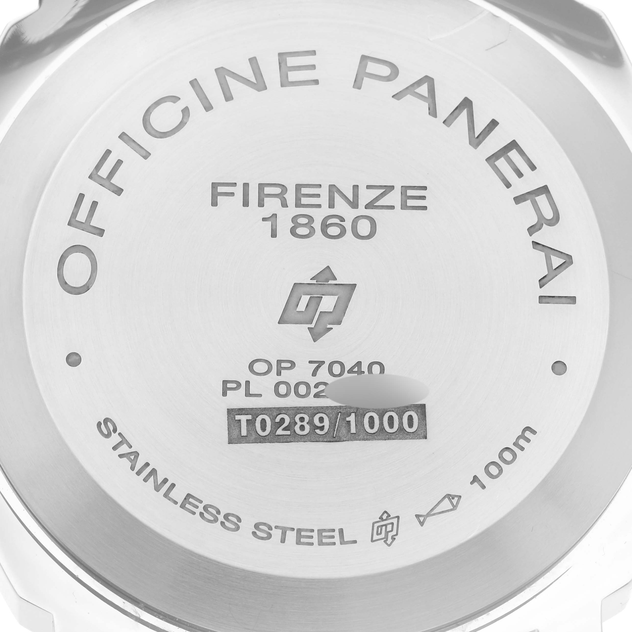 The image shows the case back of a Panerai Luminor PAM00632 Men
s Stainless Steel Brown Dial PAM00632 Men
s Stainless Steel Brown Dial watch, illustrating various engravings and specifications.