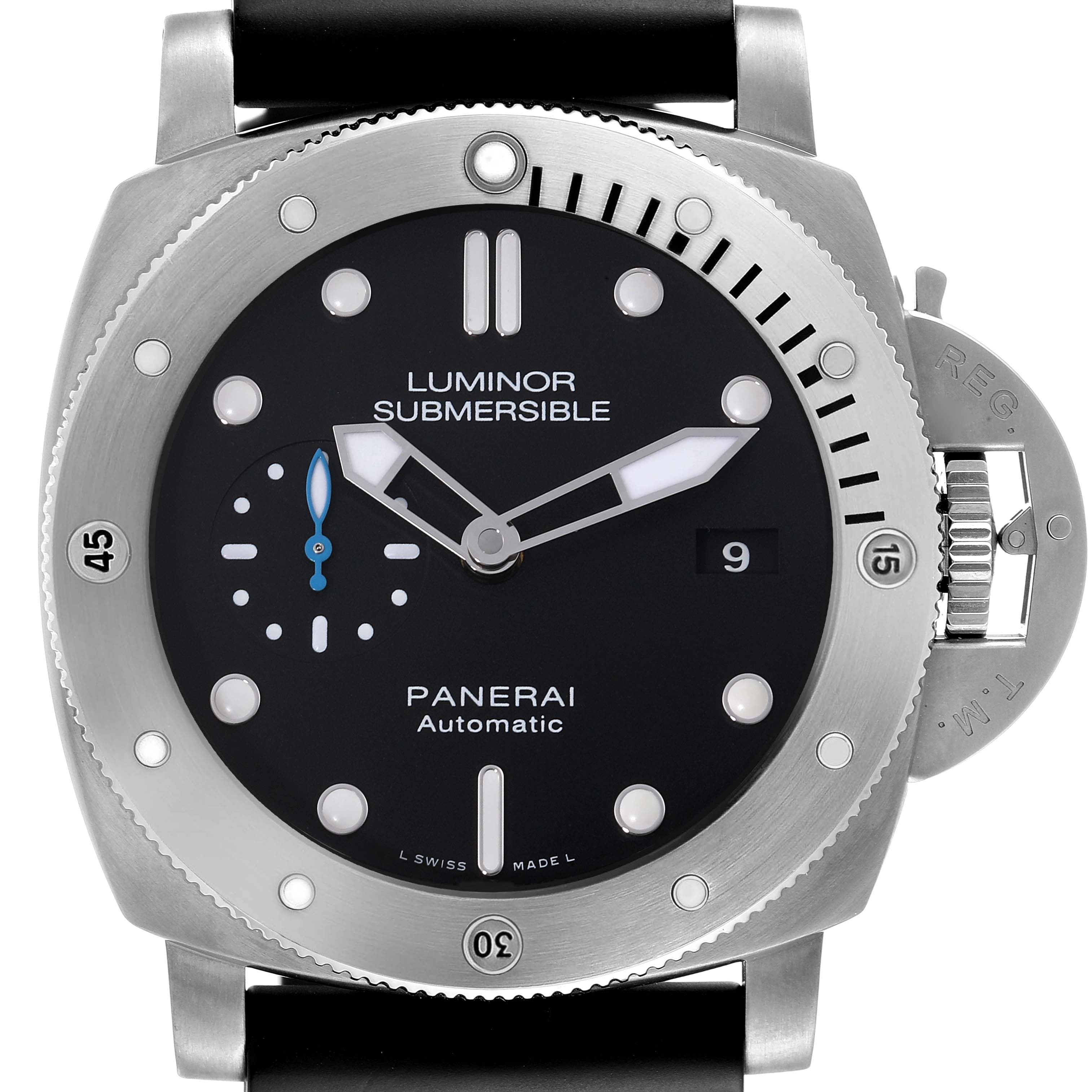 The Panerai Luminor Submersible watch is shown from a front angle, highlighting the dial, bezel, crown guard, and strap attachments.