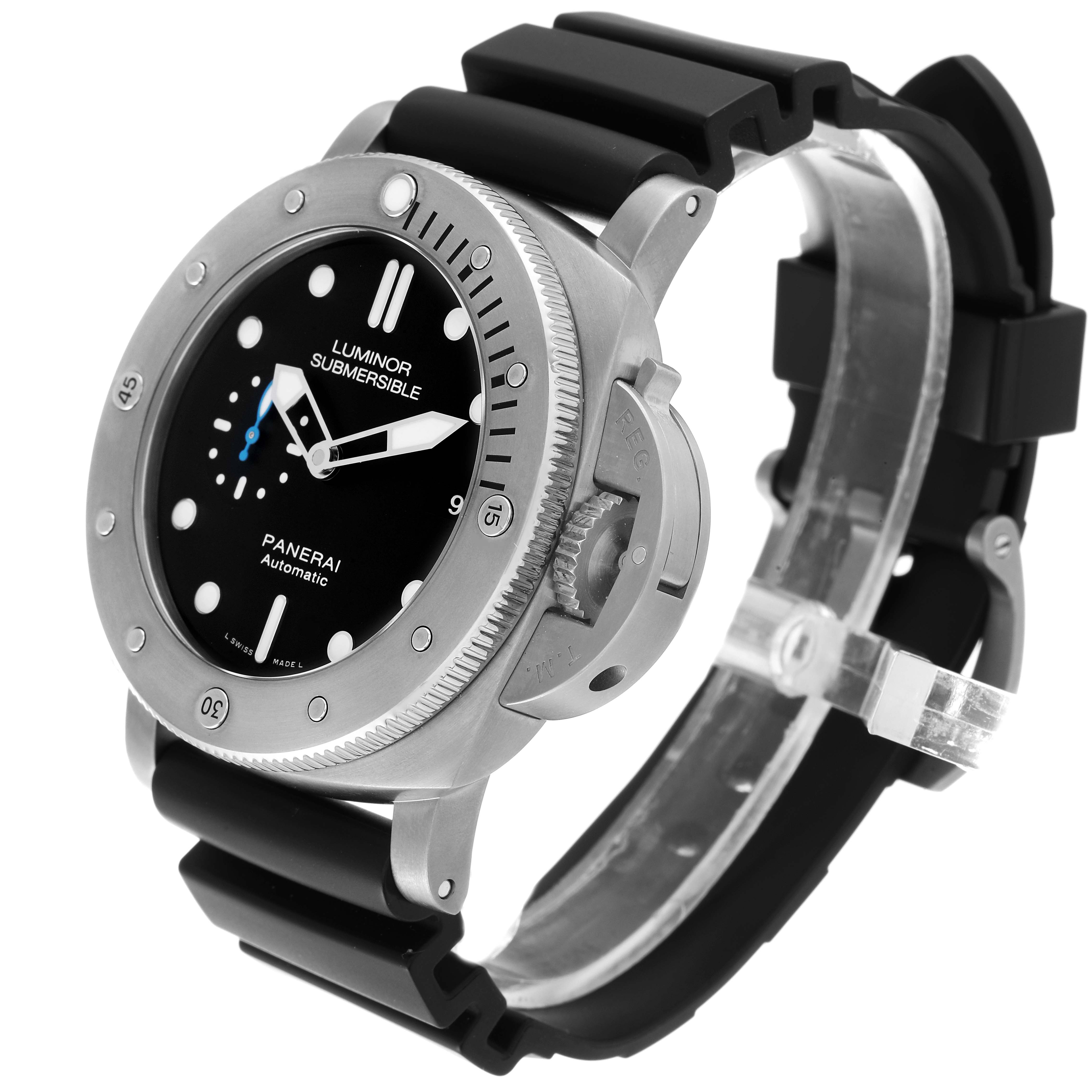 The image showcases a Panerai Luminor Submersible model from an angled view, highlighting its case, bezel, dial, and rubber strap.