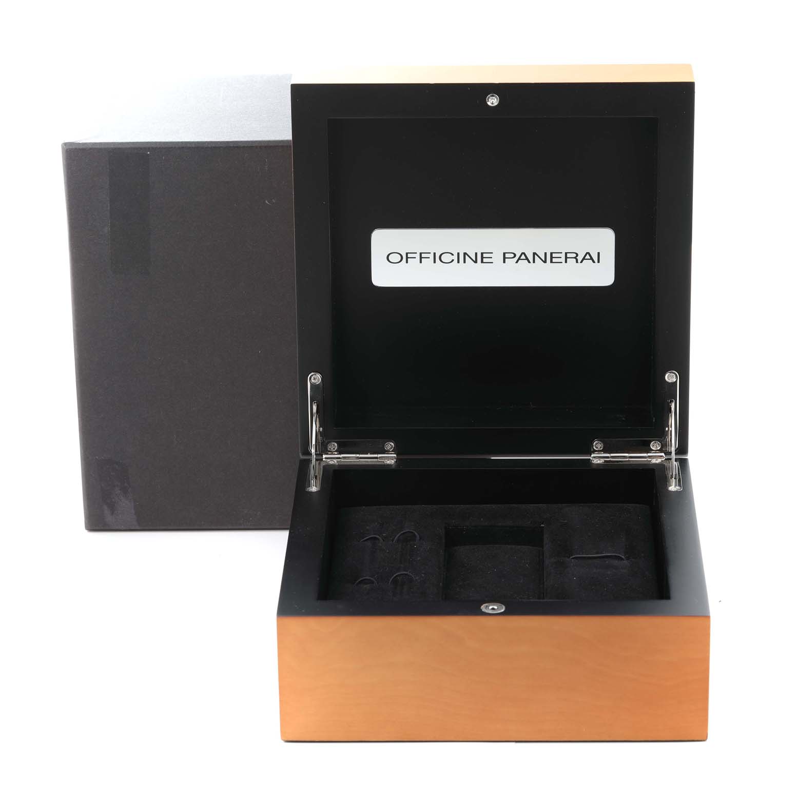 The image shows an open Panerai Submersible PAM01305 Men's Titanium Black Dial PAM01305 Men's Titanium Black Dial watch box with compartments, branded as "OFFICINE PANERAI."